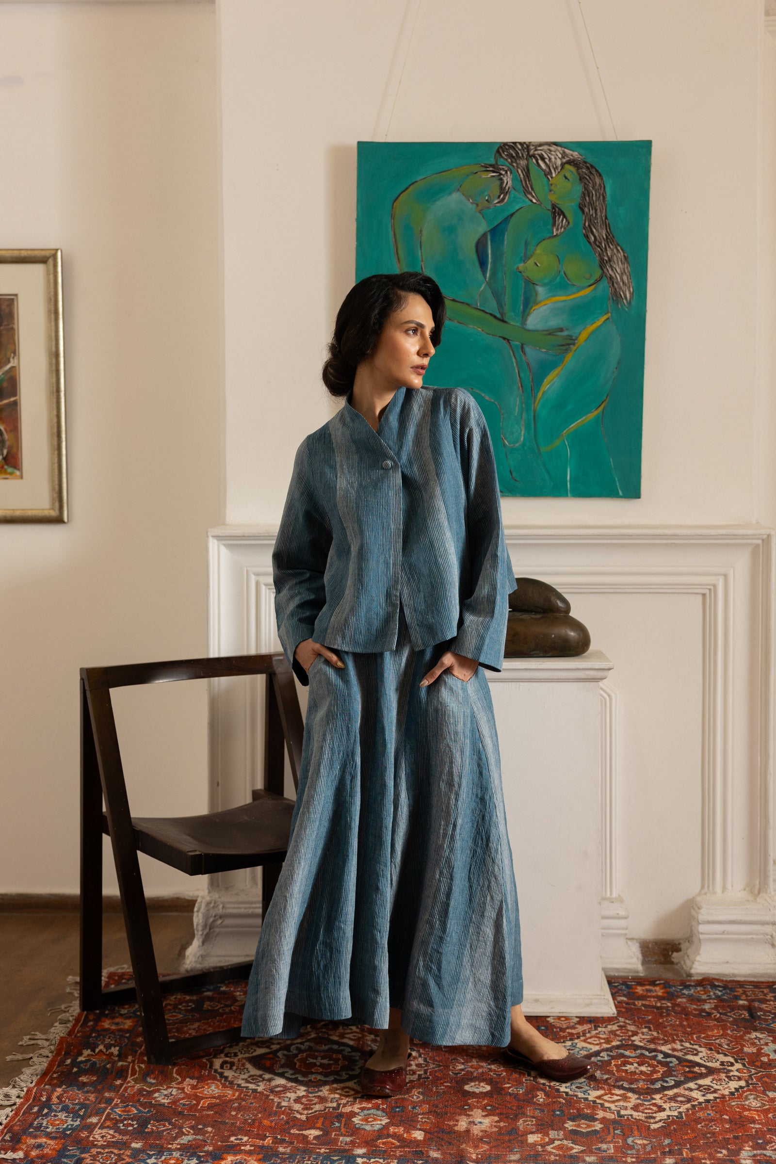 French blue linen crop jacket & panel flared skirt set - Hiranya