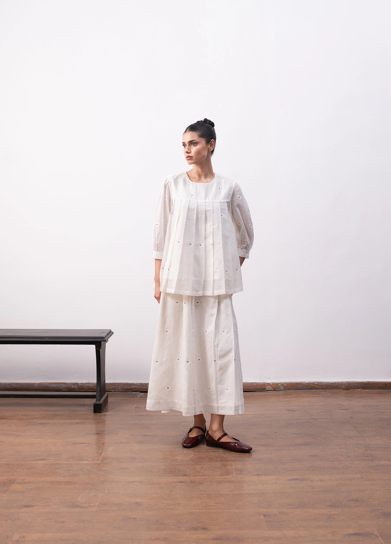 Soft white co-ord with relaxed top and flowy skirt - Hiranya