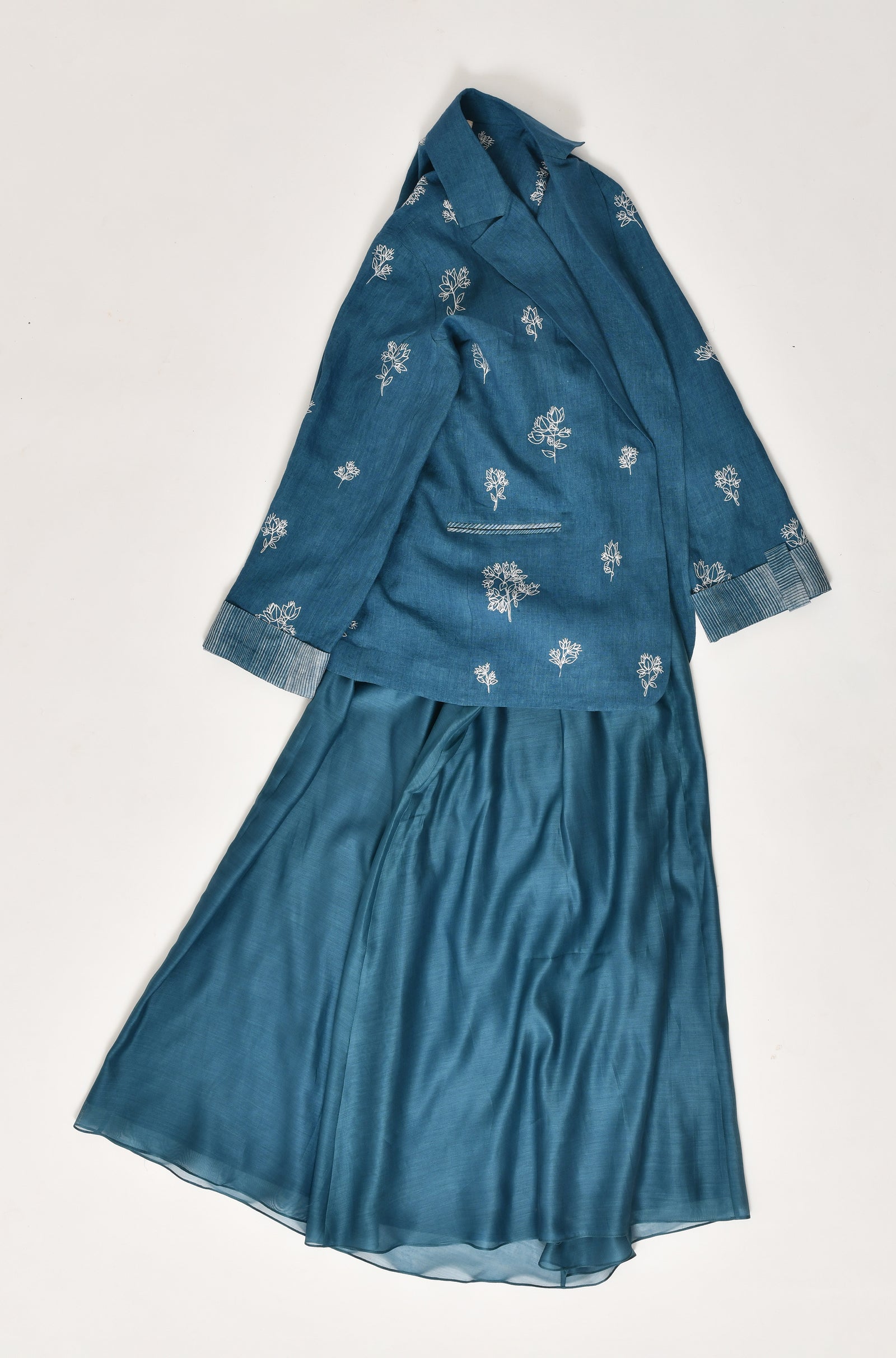 French blue co-ord set with chanderi silk dress and embroidered linen blazer for women - Hiranya