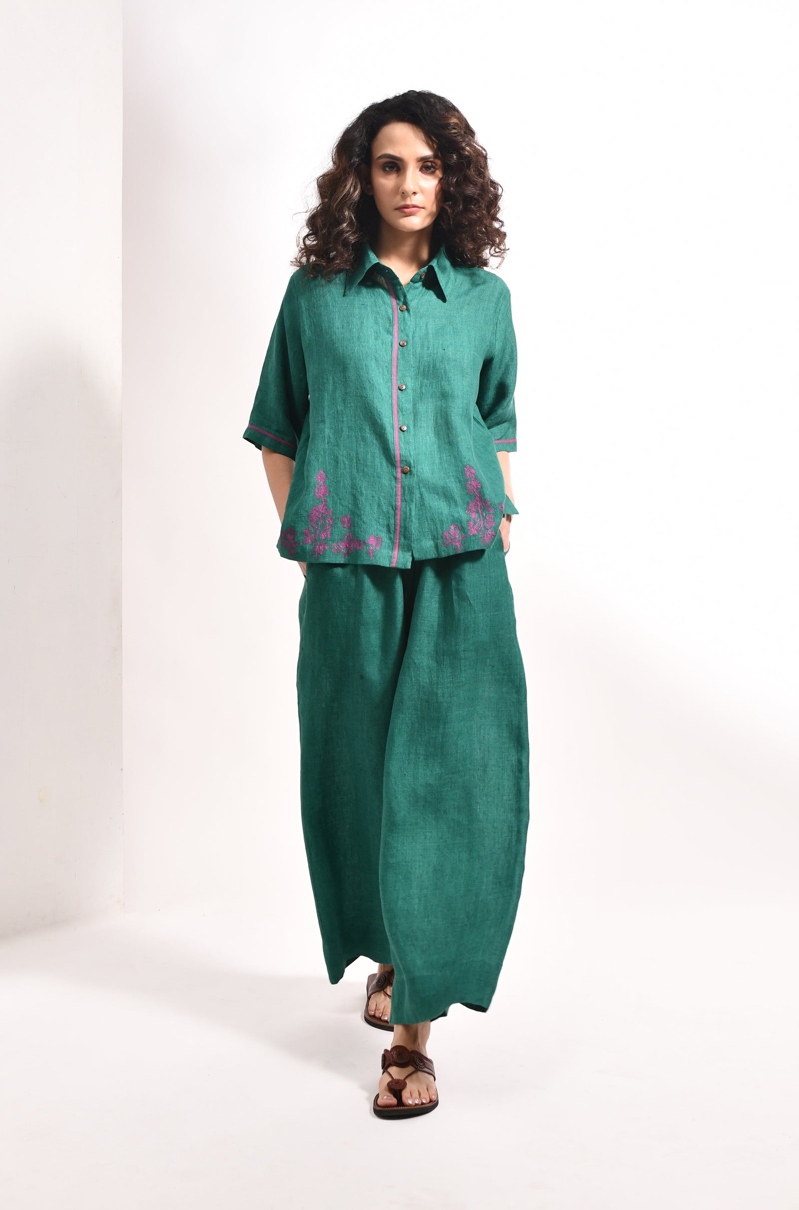 Forest green linen shirt with Flared trousers bougainvillea embroidery - Hiranya