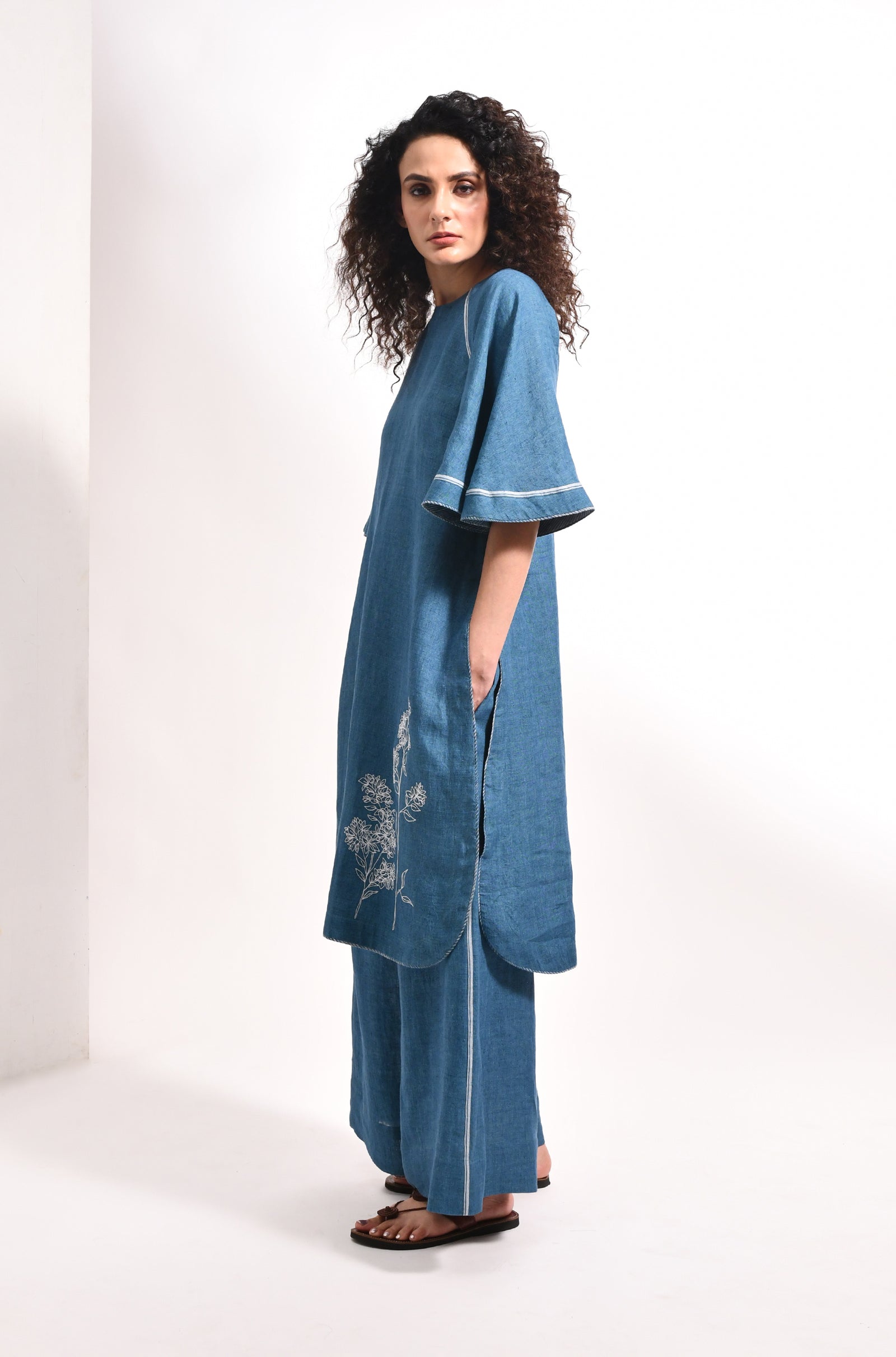 French blue linen co-ord set with embroidered bell sleeves - Hiranya