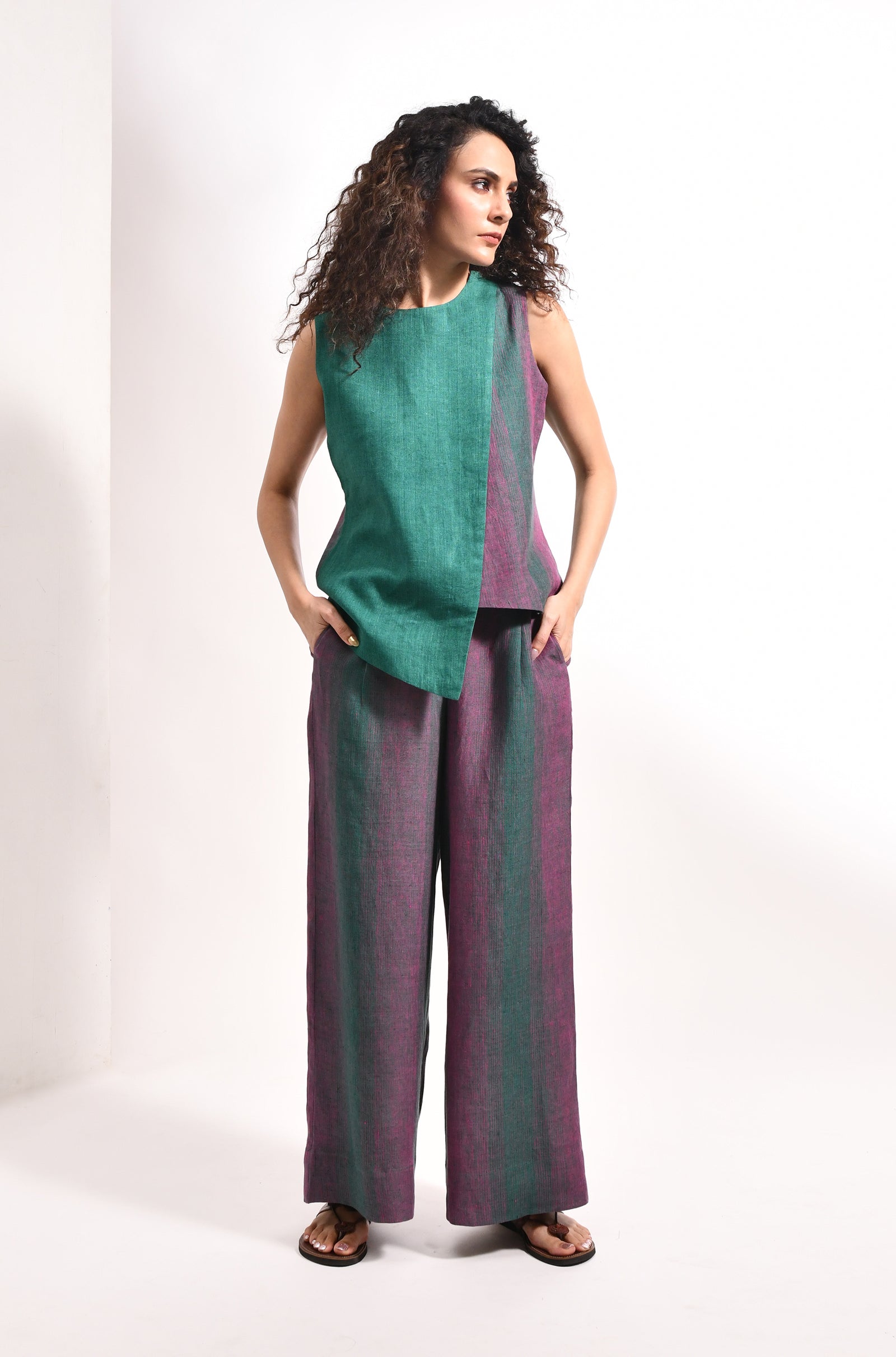 Forest green linen overlap top & striped flared trousers - Hiranya
