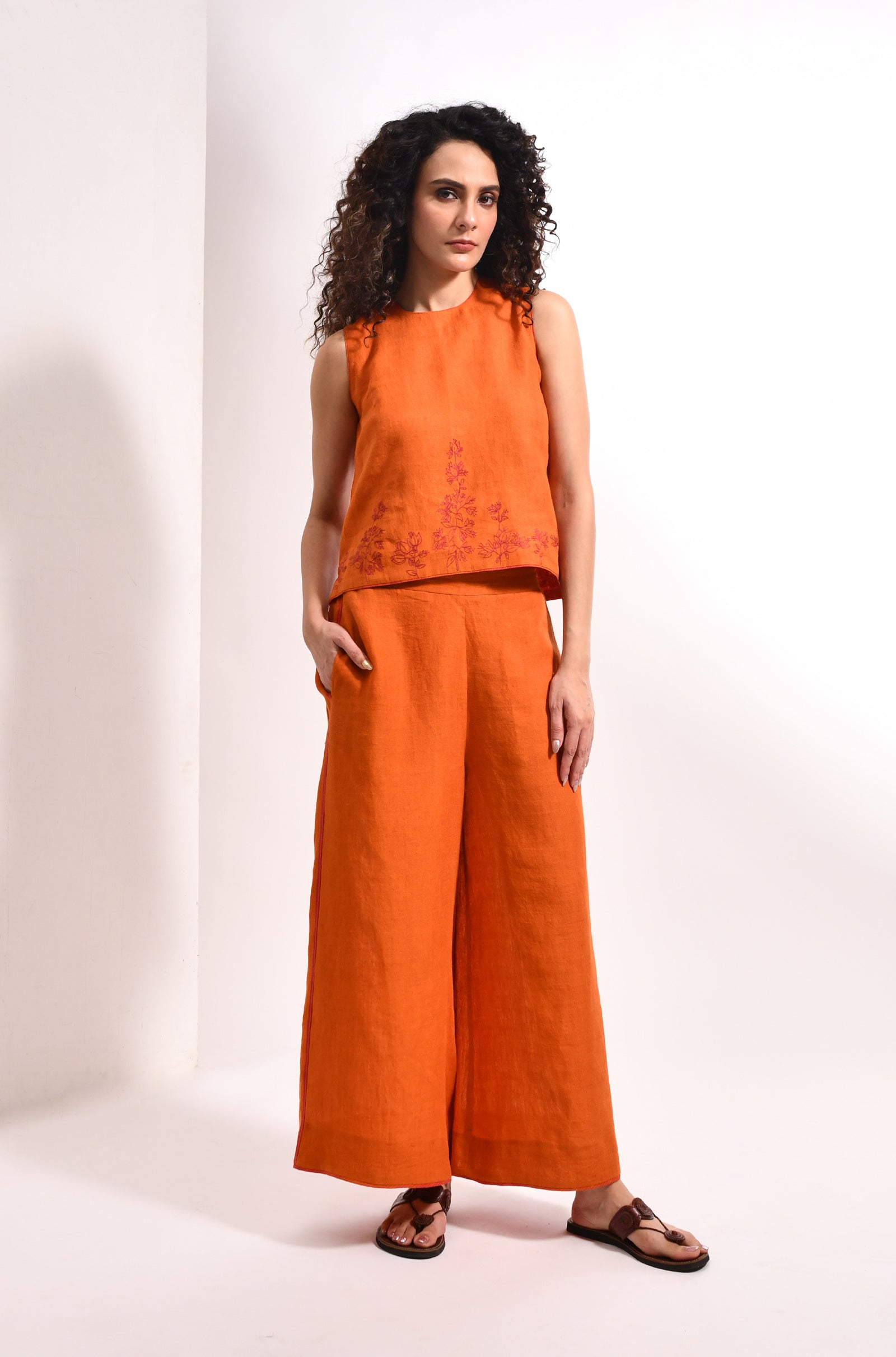 Amber linen embroidered crop top co-ord set for women - Hiranya