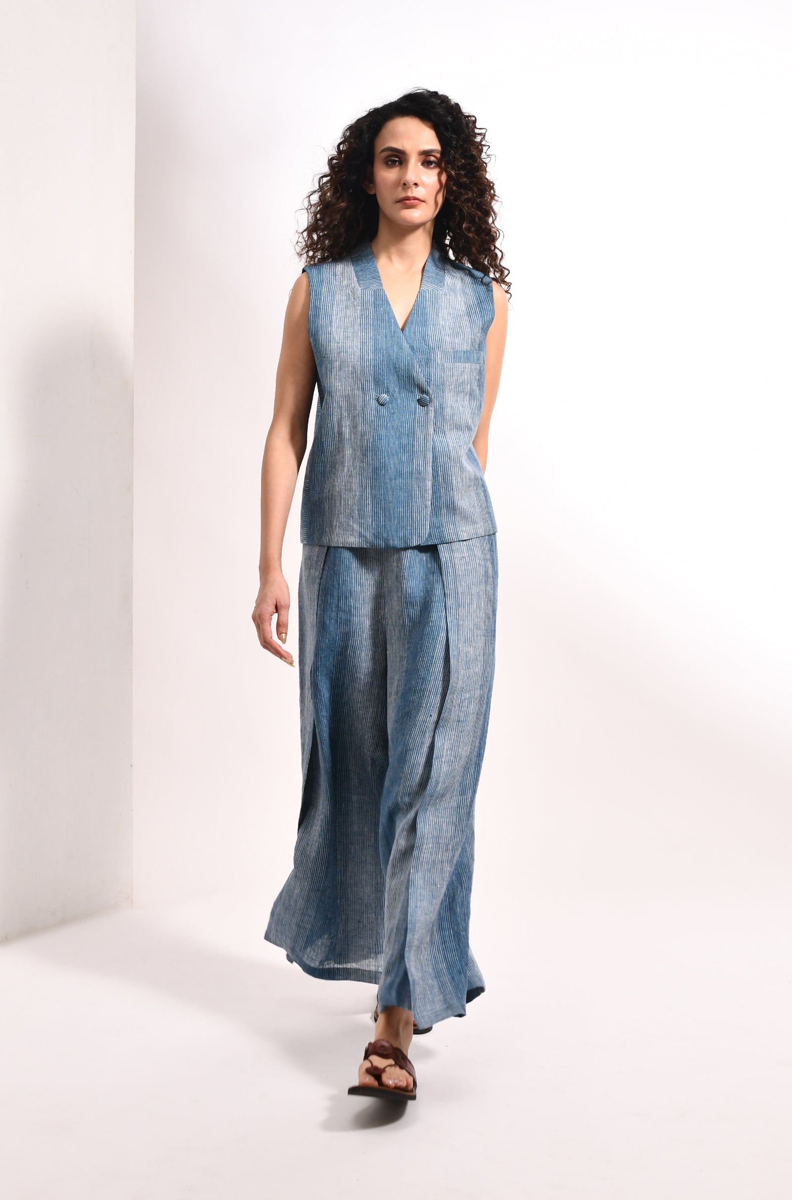 French blue linen striped waistcoat & overlap trousers - Hiranya