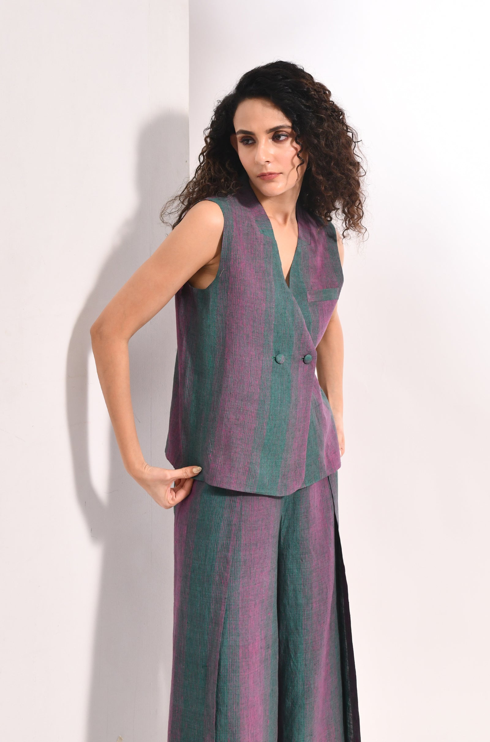Forest green linen striped waistcoat & overlap trousers - Hiranya