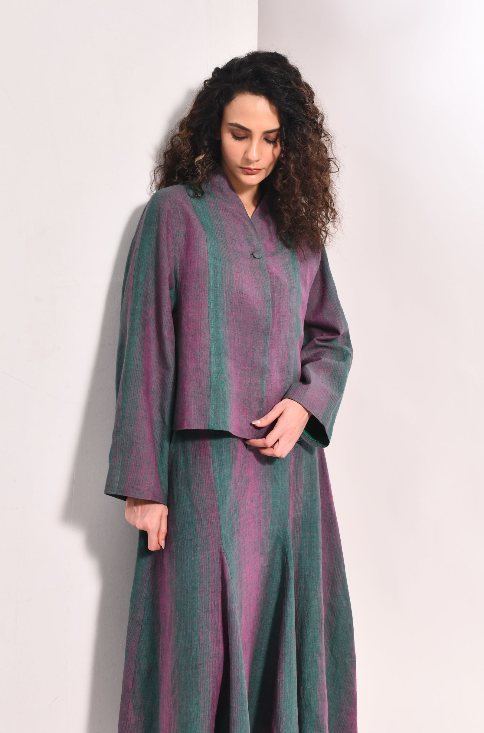 Forest green linen crop jacket & panel flared skirt set - Hiranya