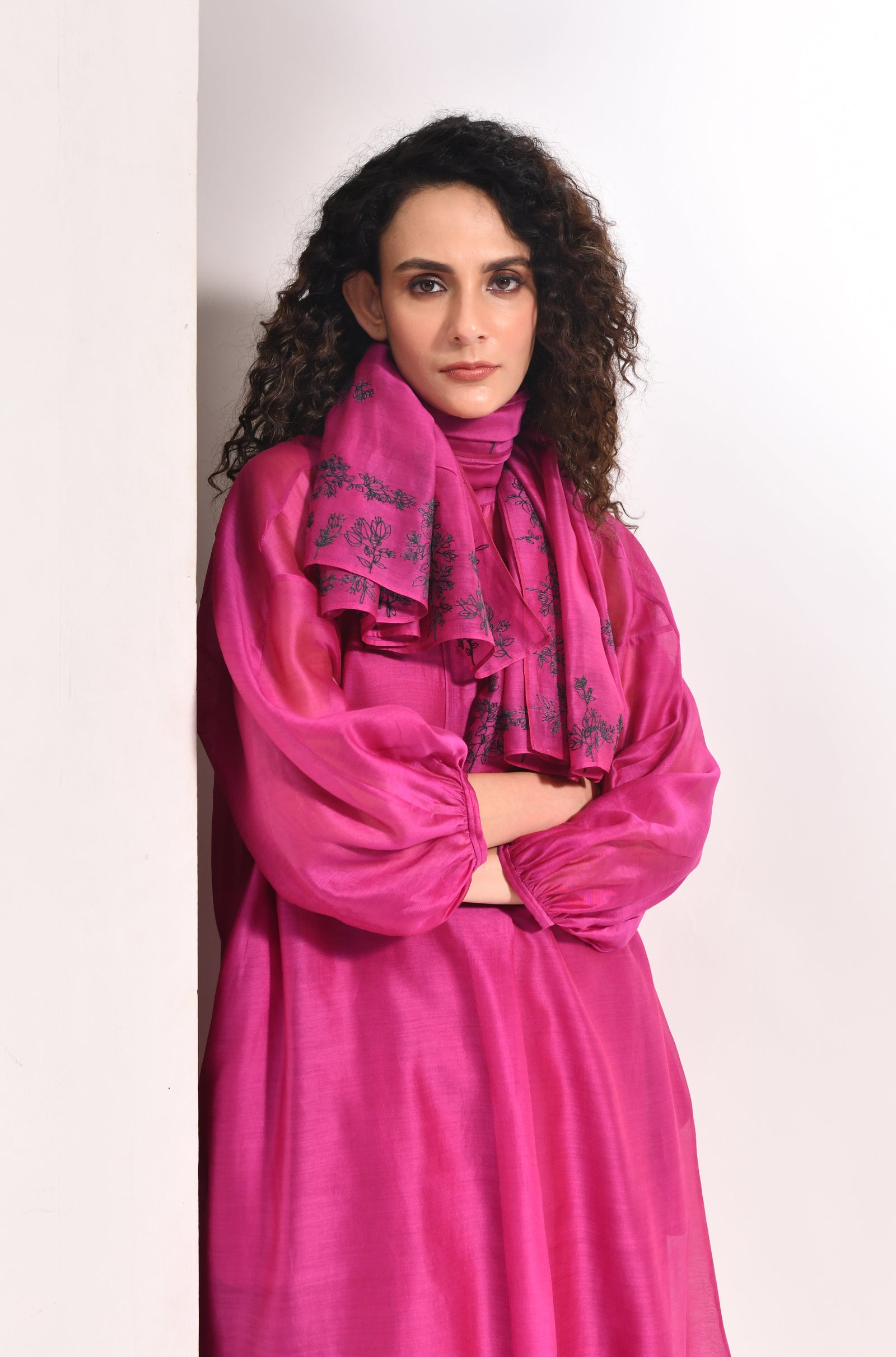 Mauve chanderi balloon sleeve kurta set