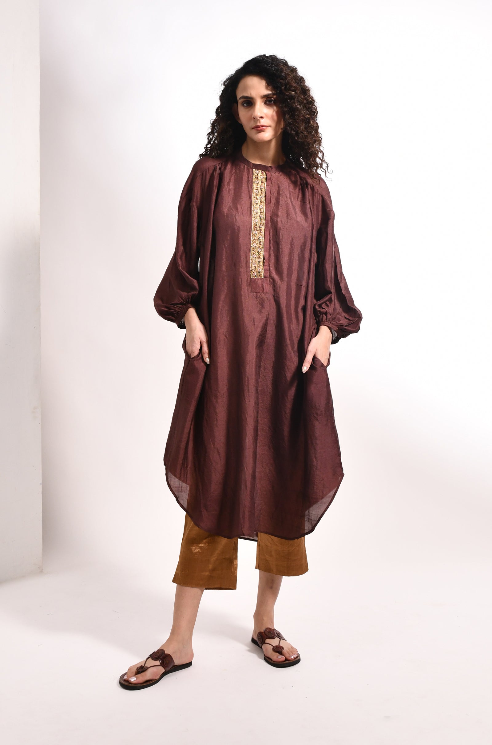 Brown chanderi balloon sleeve tunic