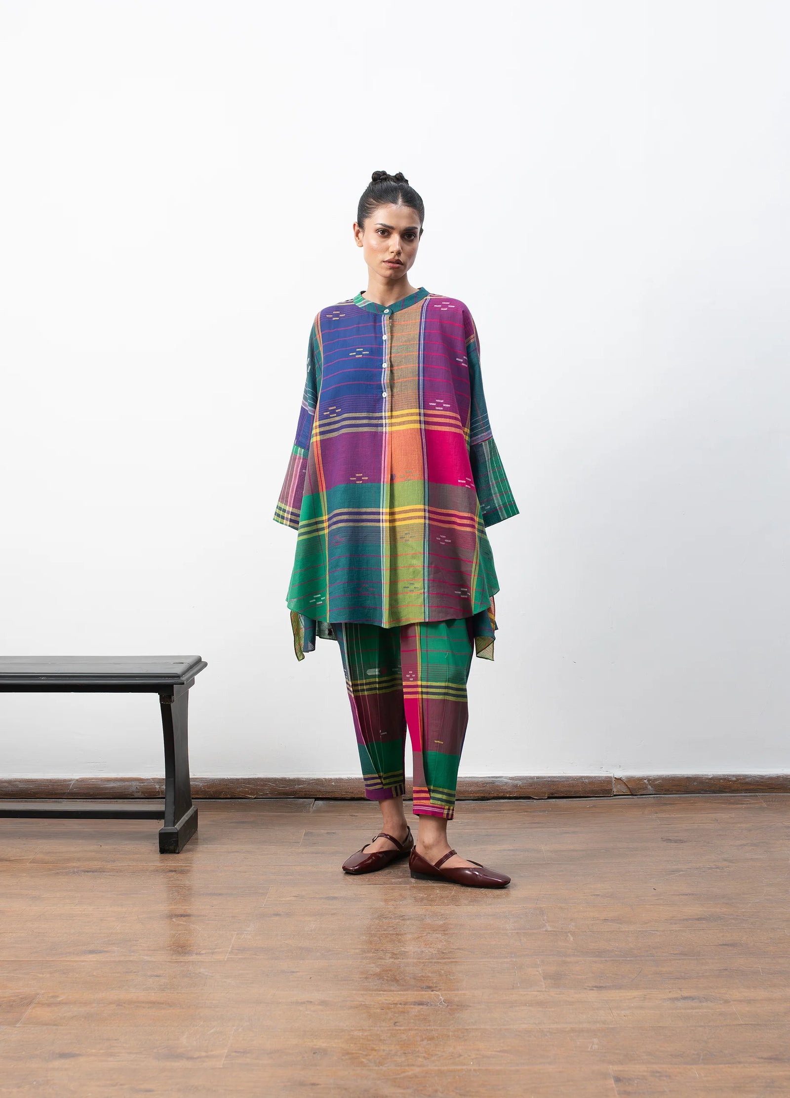 Madras checks co-ord with structured flare top and trousers - Hiranya
