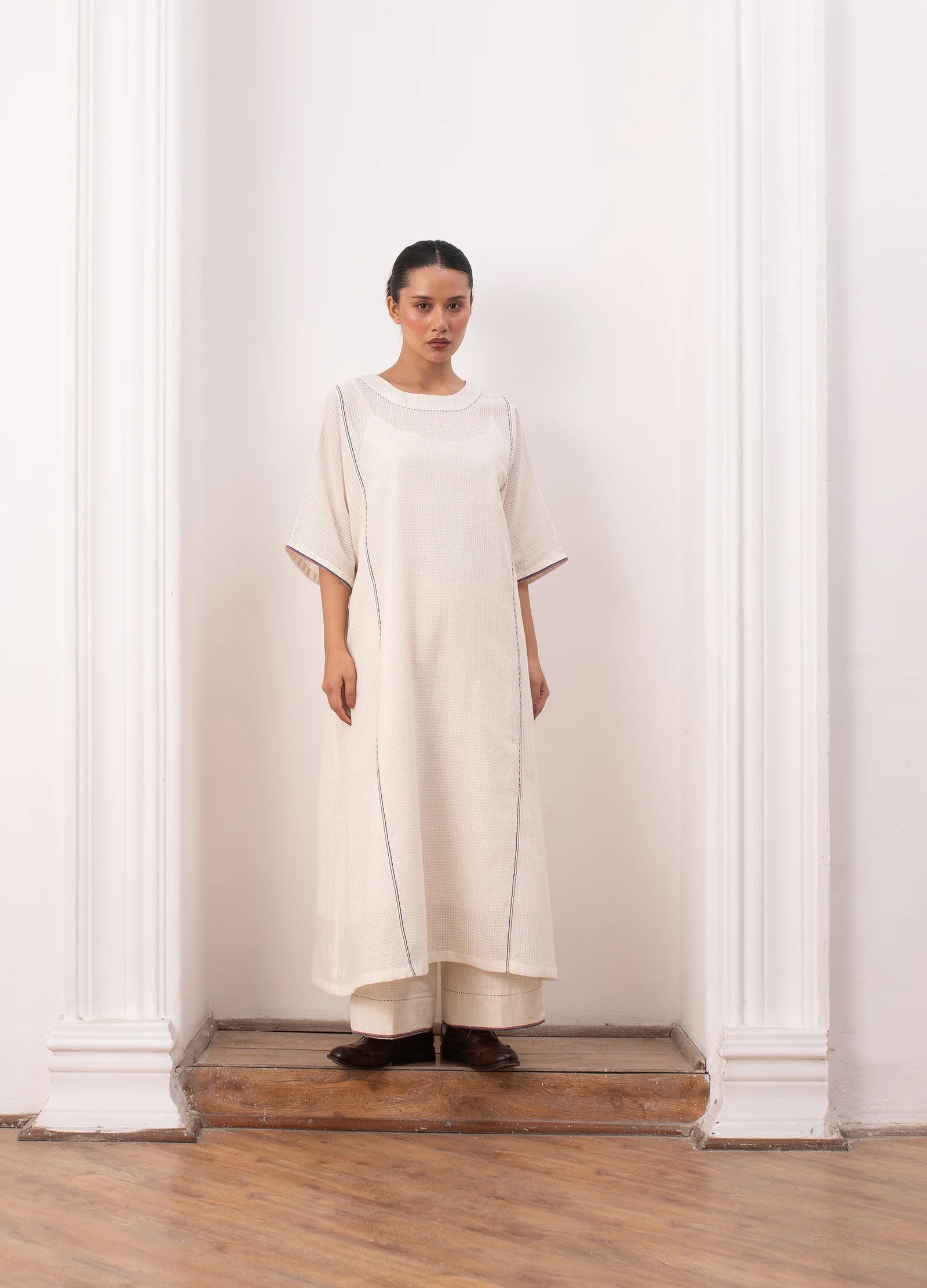 White and indigo jamdani co-ord set with relaxed kurta top and trousers -Hiranya