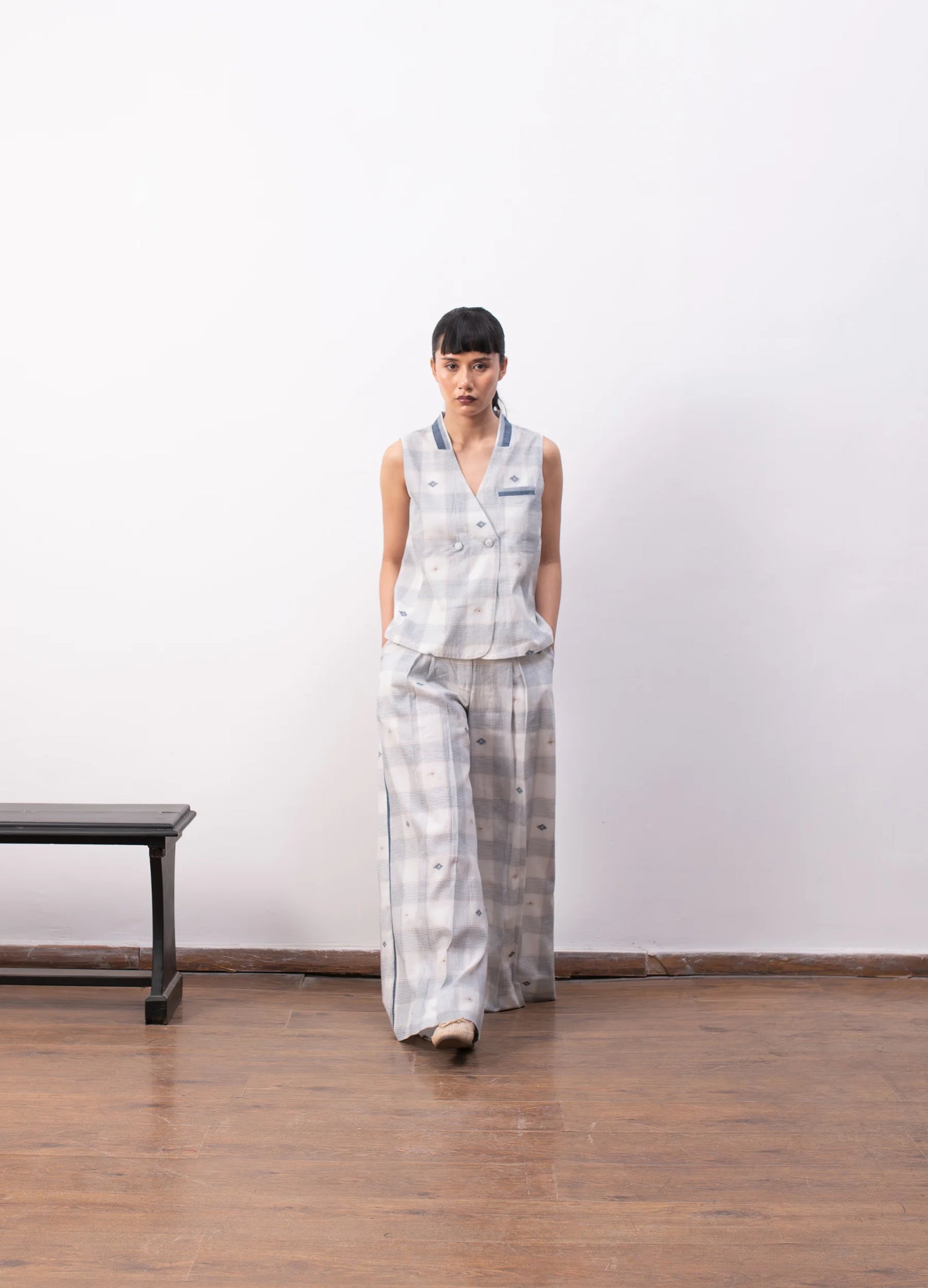 White and indigo co-ord with waistcoat and trousers- Hiranya