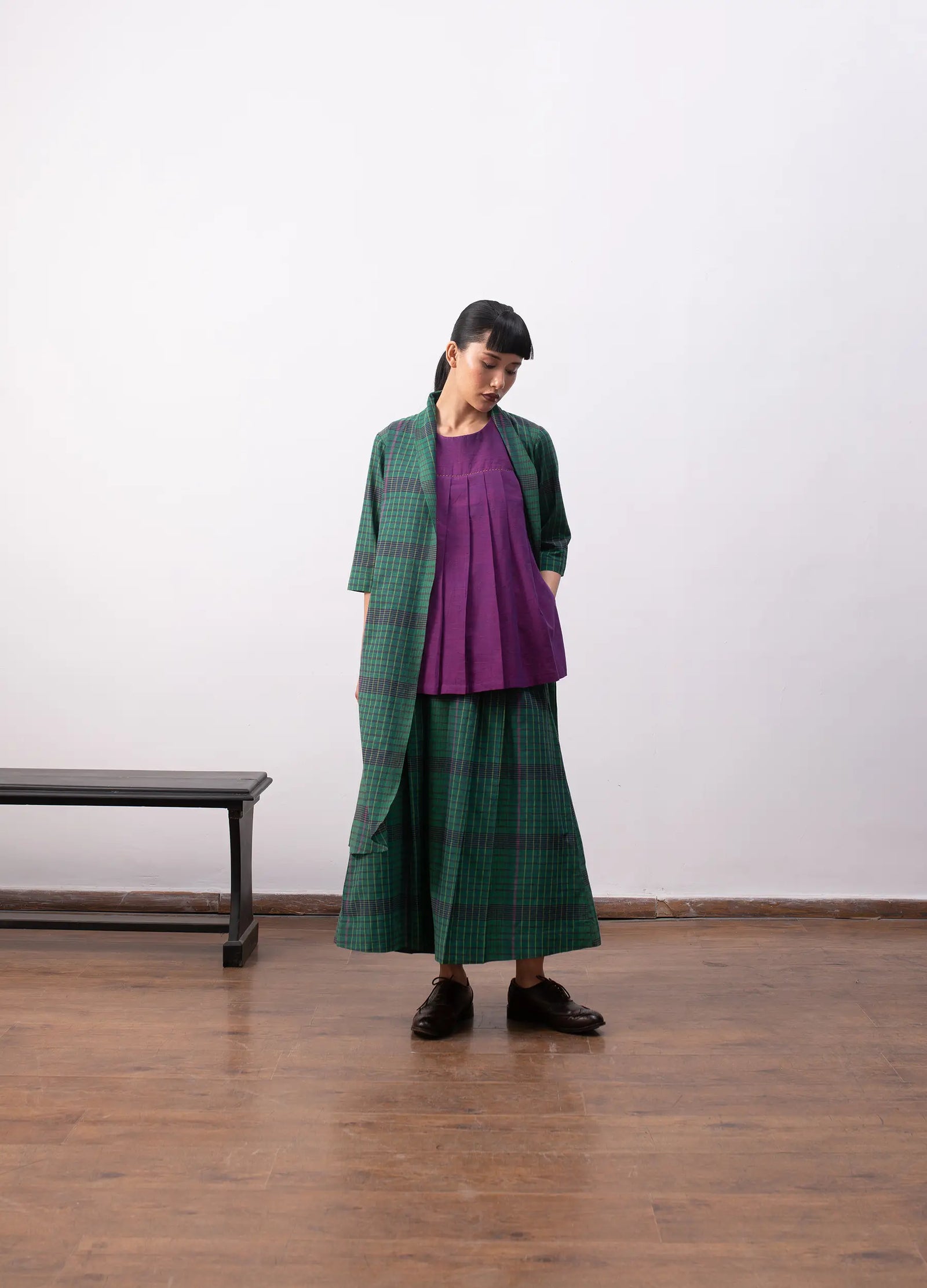 Madras checks layered set with jacket and skirt - Hiranya