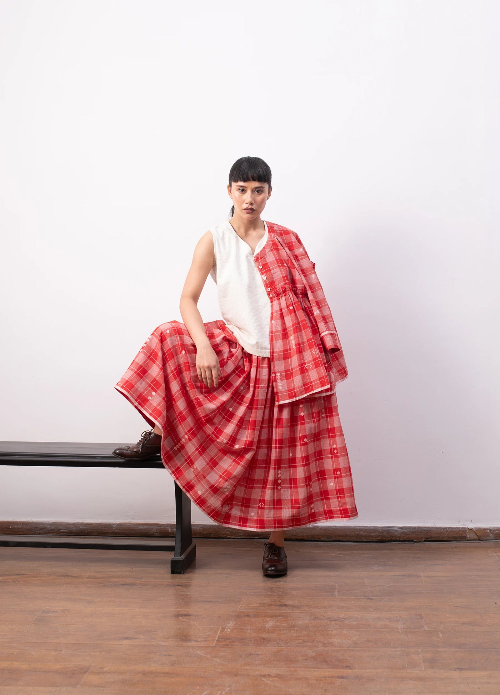 Red layered set with overlay and matching skirt - Hiranya