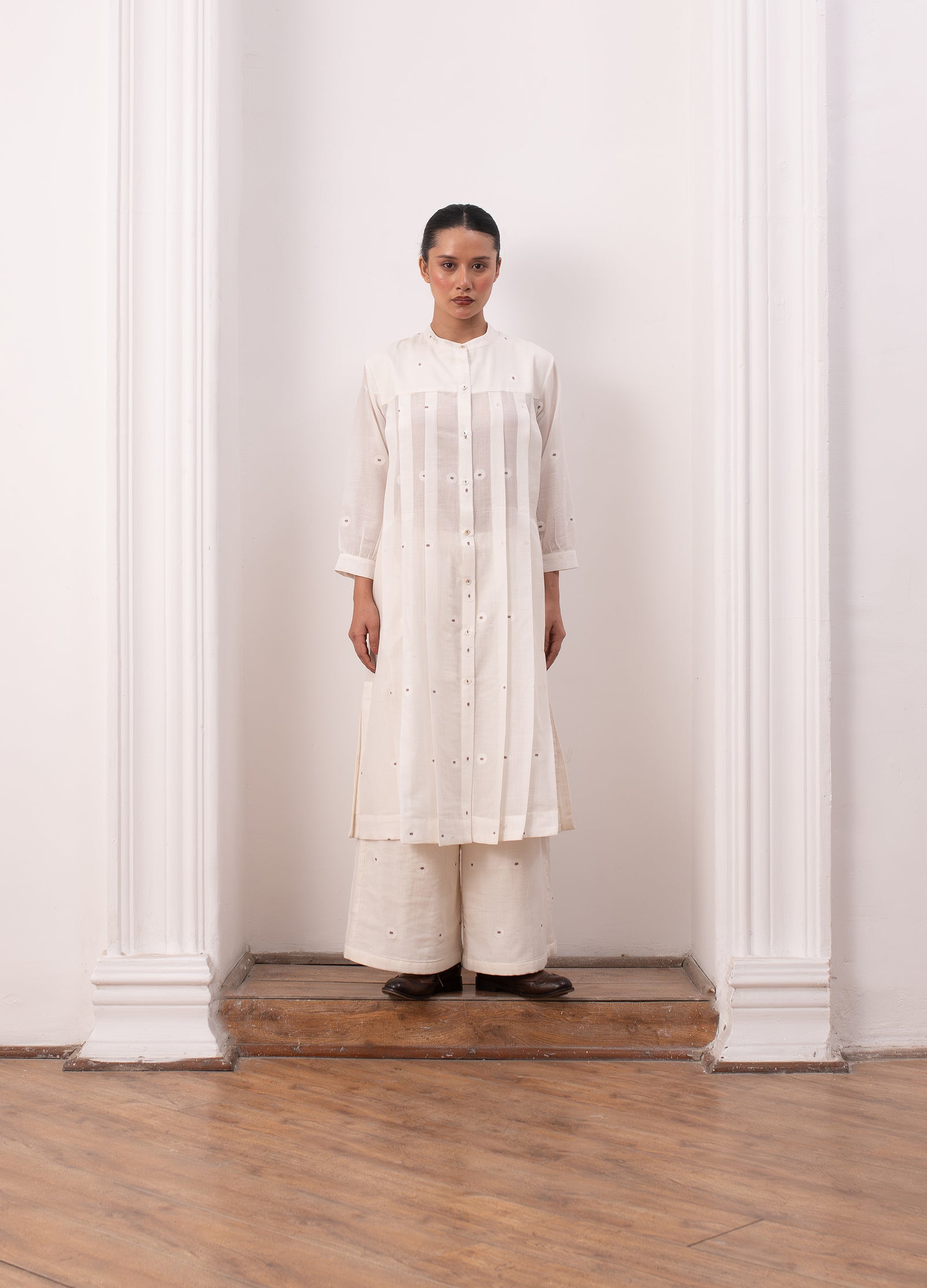 Soft white striped co-ord set with jacket, inner top and trousers- Hiranya