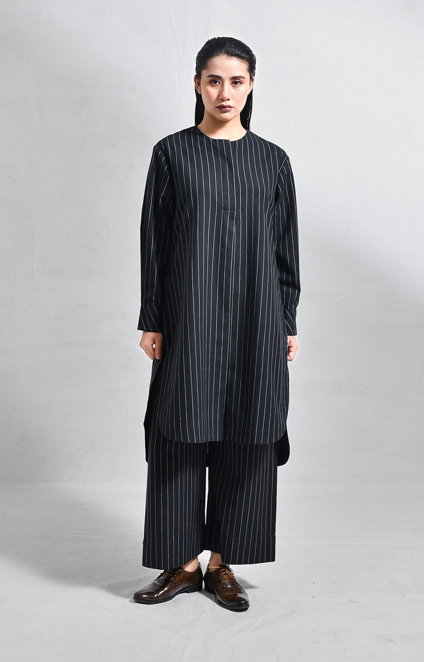 Handloom black cotton striped box pleat kurta with pants set of 2
