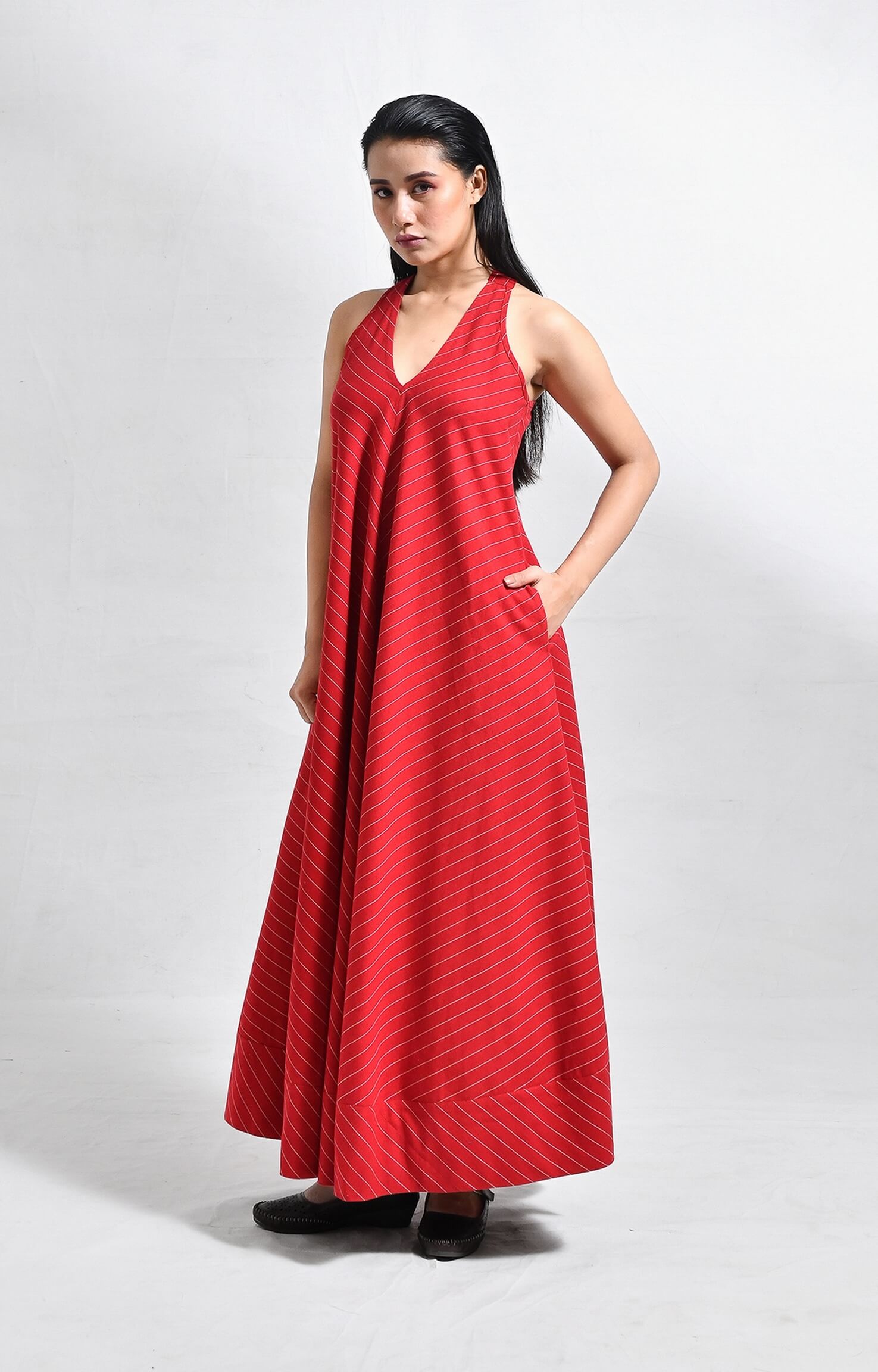 Women's red cotton striped dress with unique back twist detail