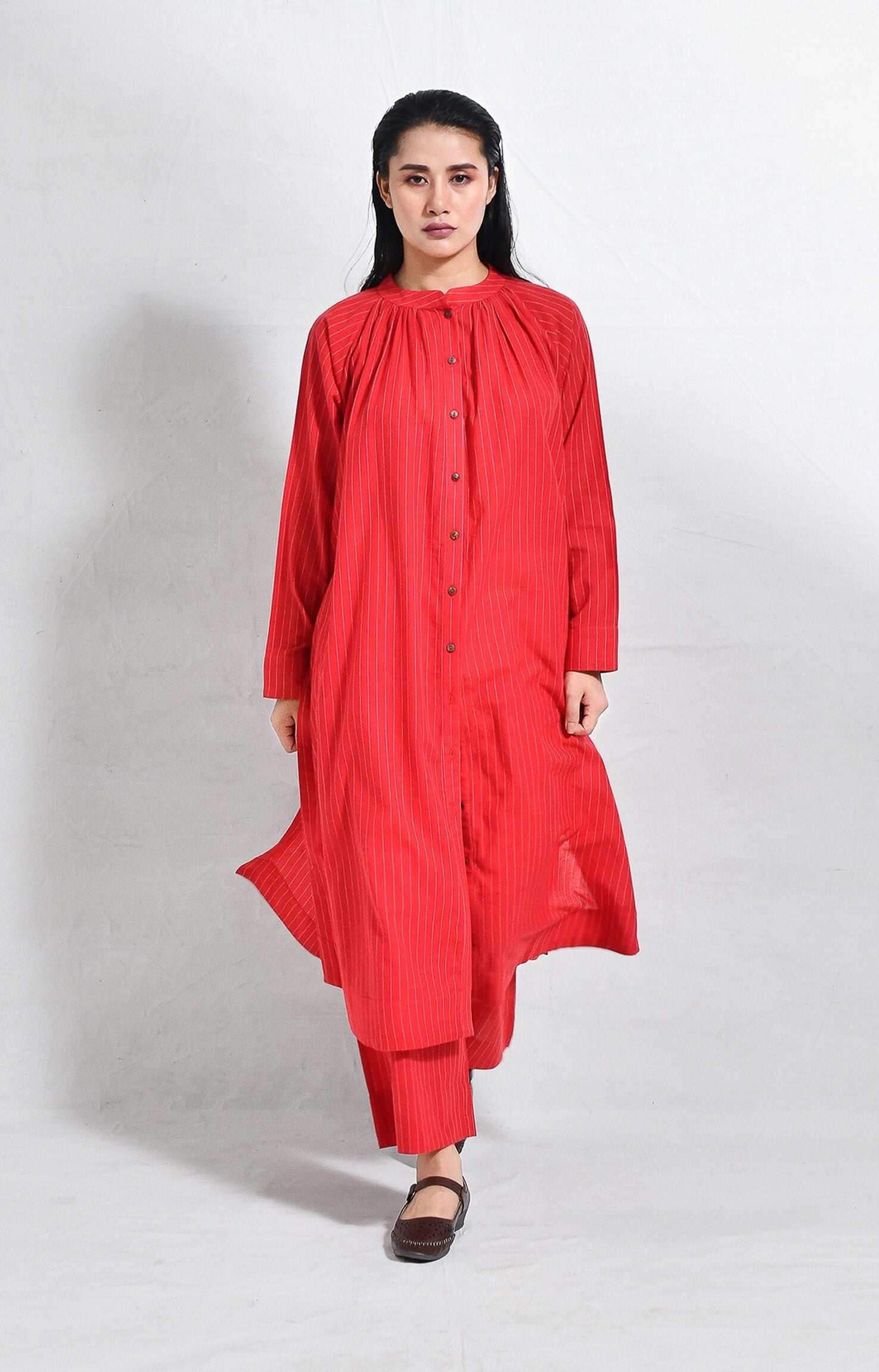 Khadi red striped neck gather co-ord set for women