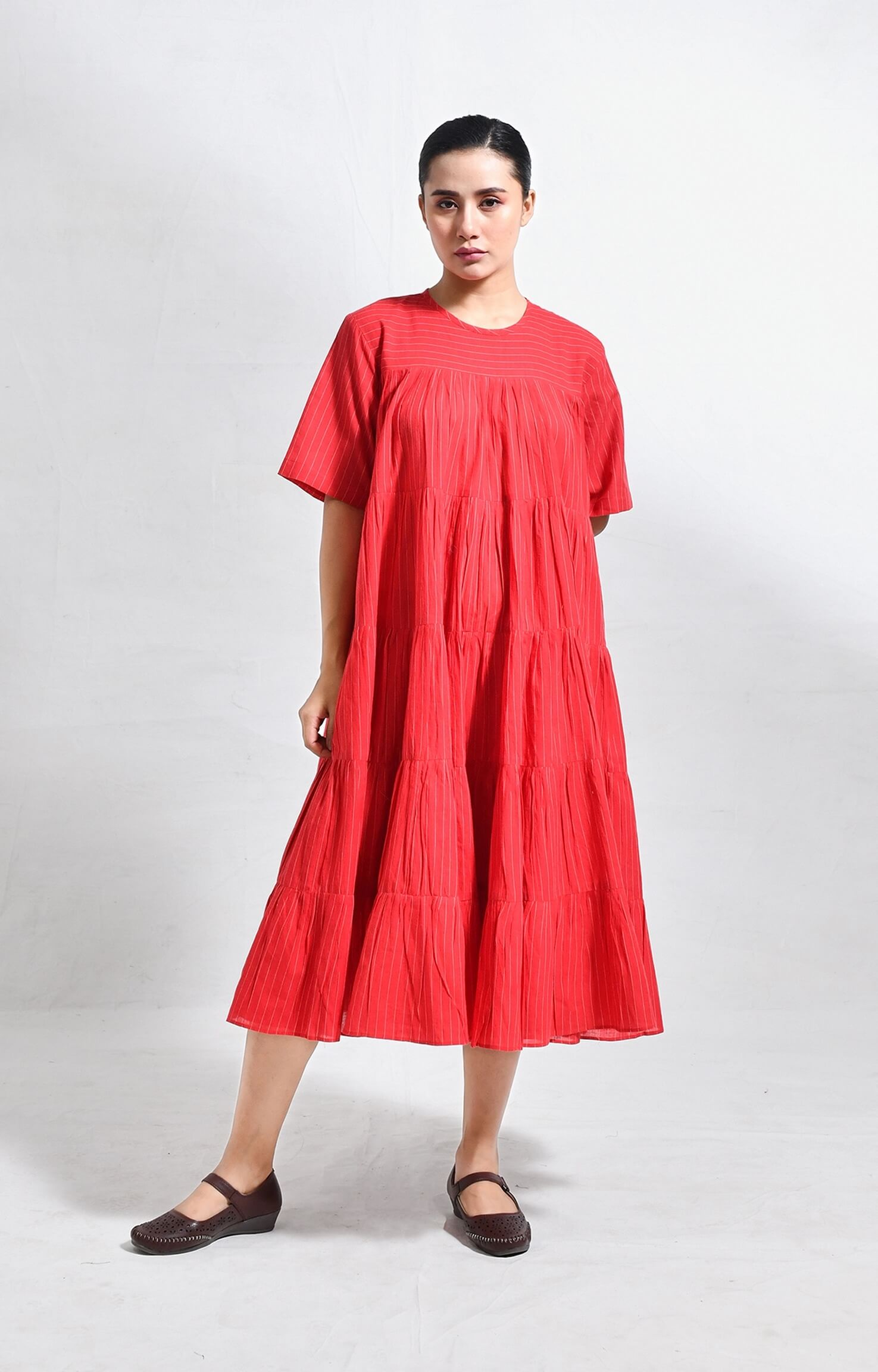 Red Khadi striped tier dress with relaxed fit and tiered design for women - Hiranya