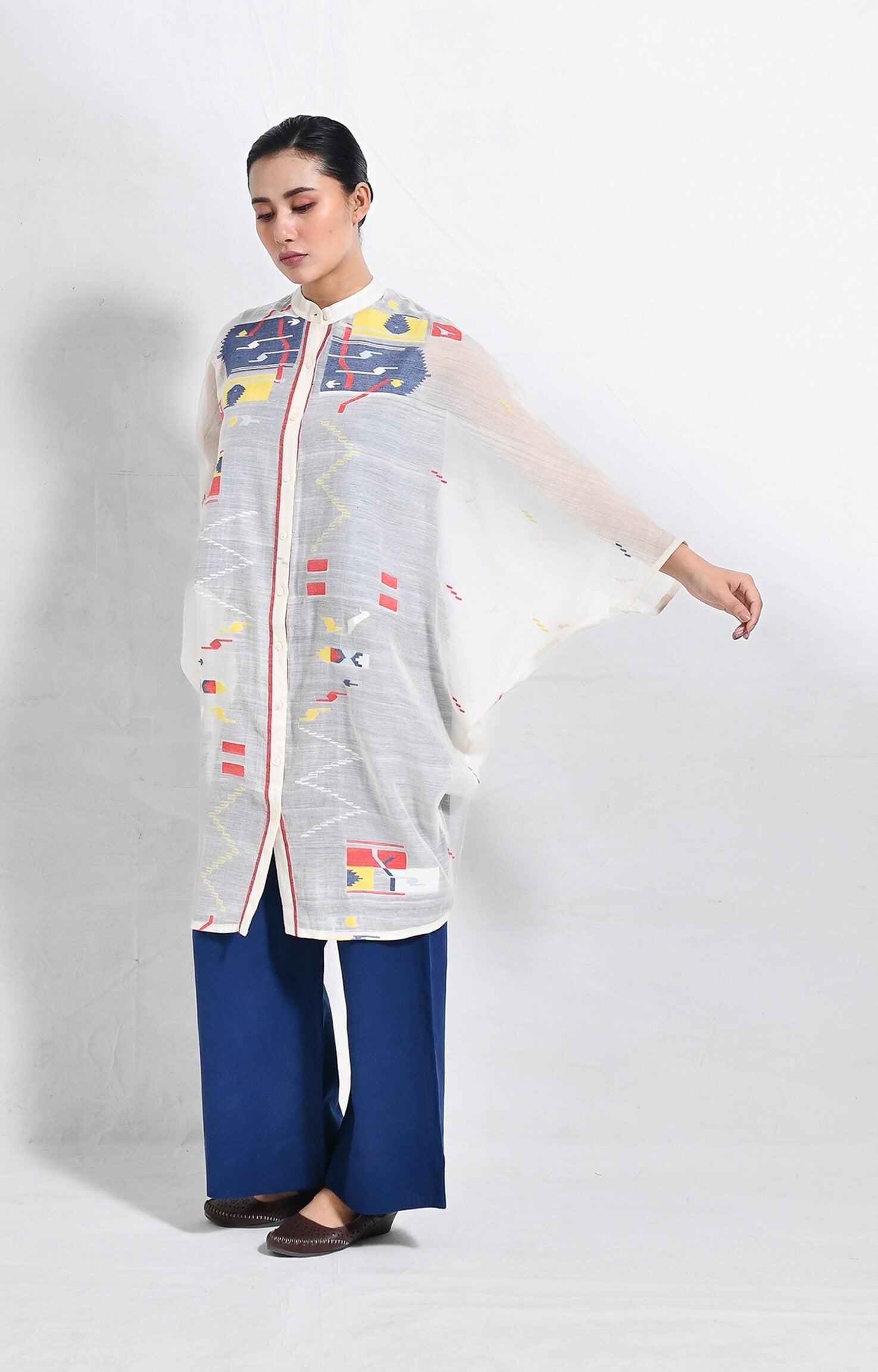 White-Blue Block print jamdani kaftan set for women – Hiranya