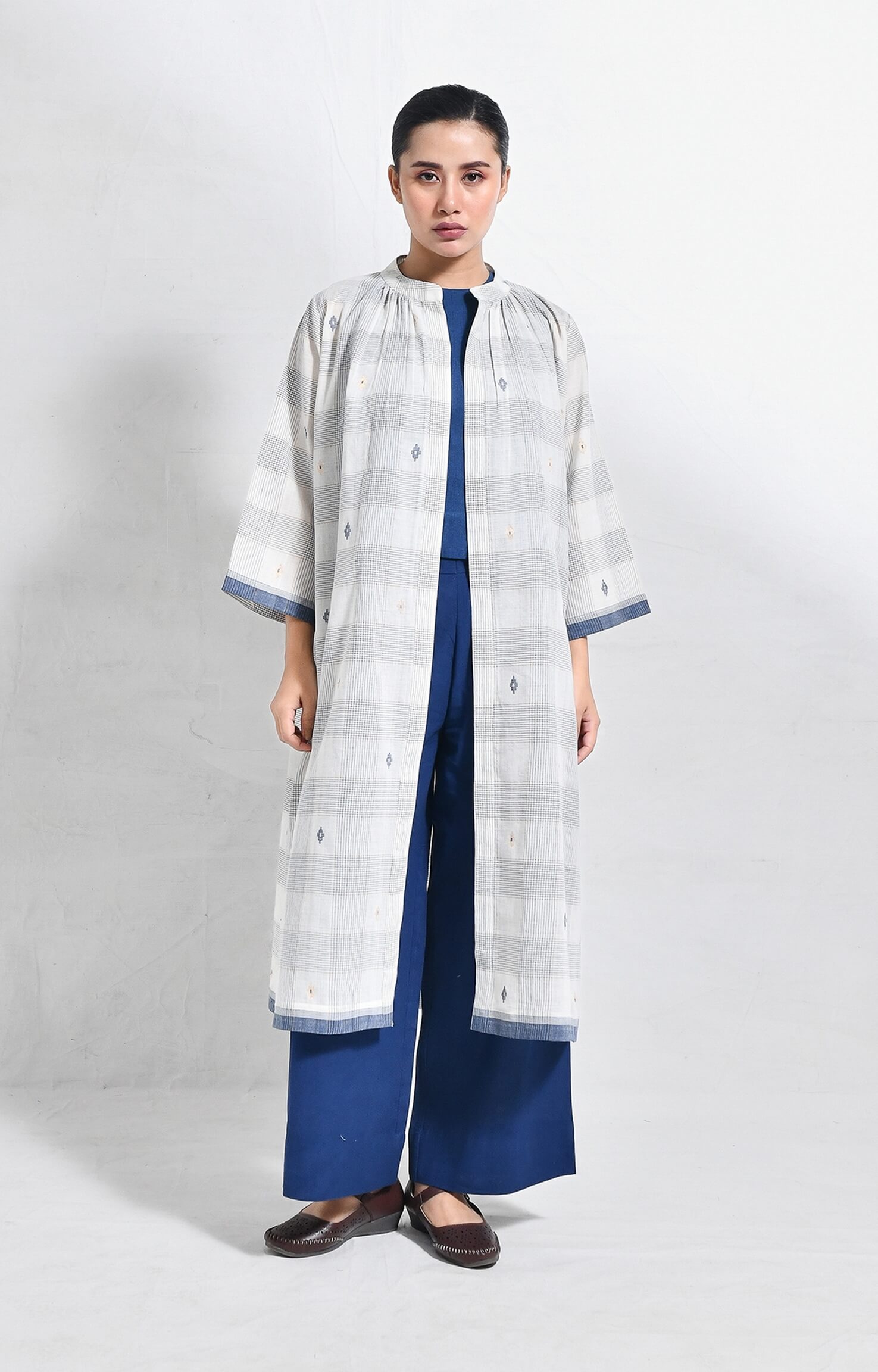 Indigo jamdani jacket co-ord 3-piece set - handloom ethnic