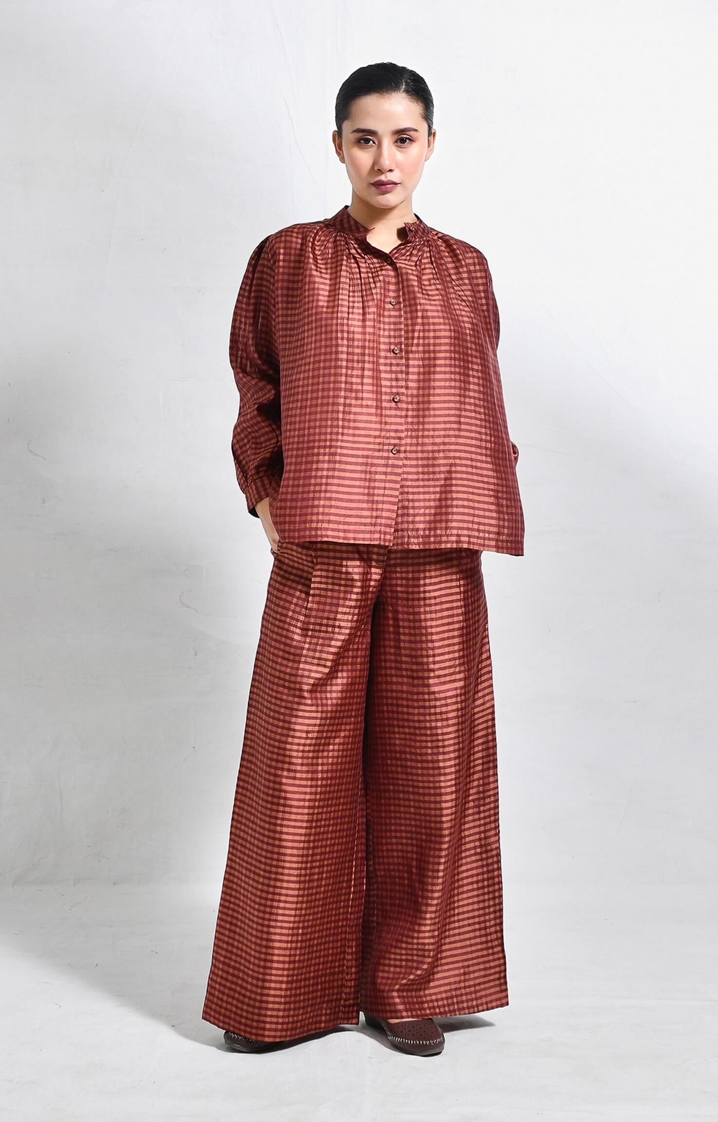 Brown Bangalore silk lounge co-ord set for women by Hiranya