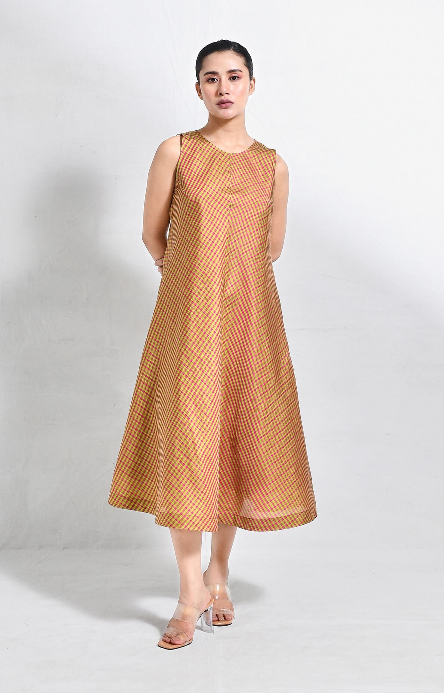 Sleeveless Bangalore silk checks A-line dress in classic woven pattern