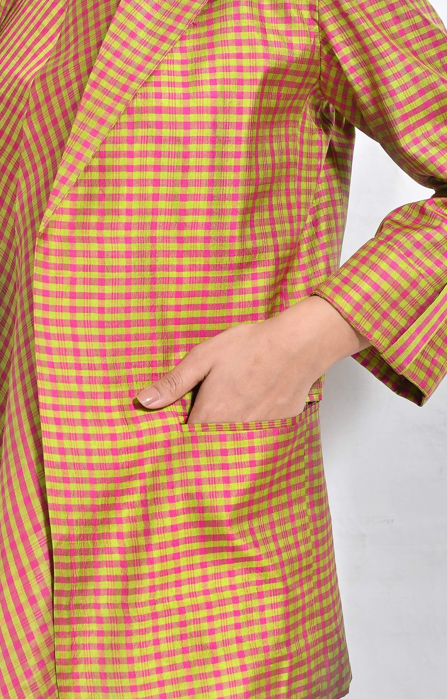 Bangalore silk checks blazer with tailored lapel in neutral tones