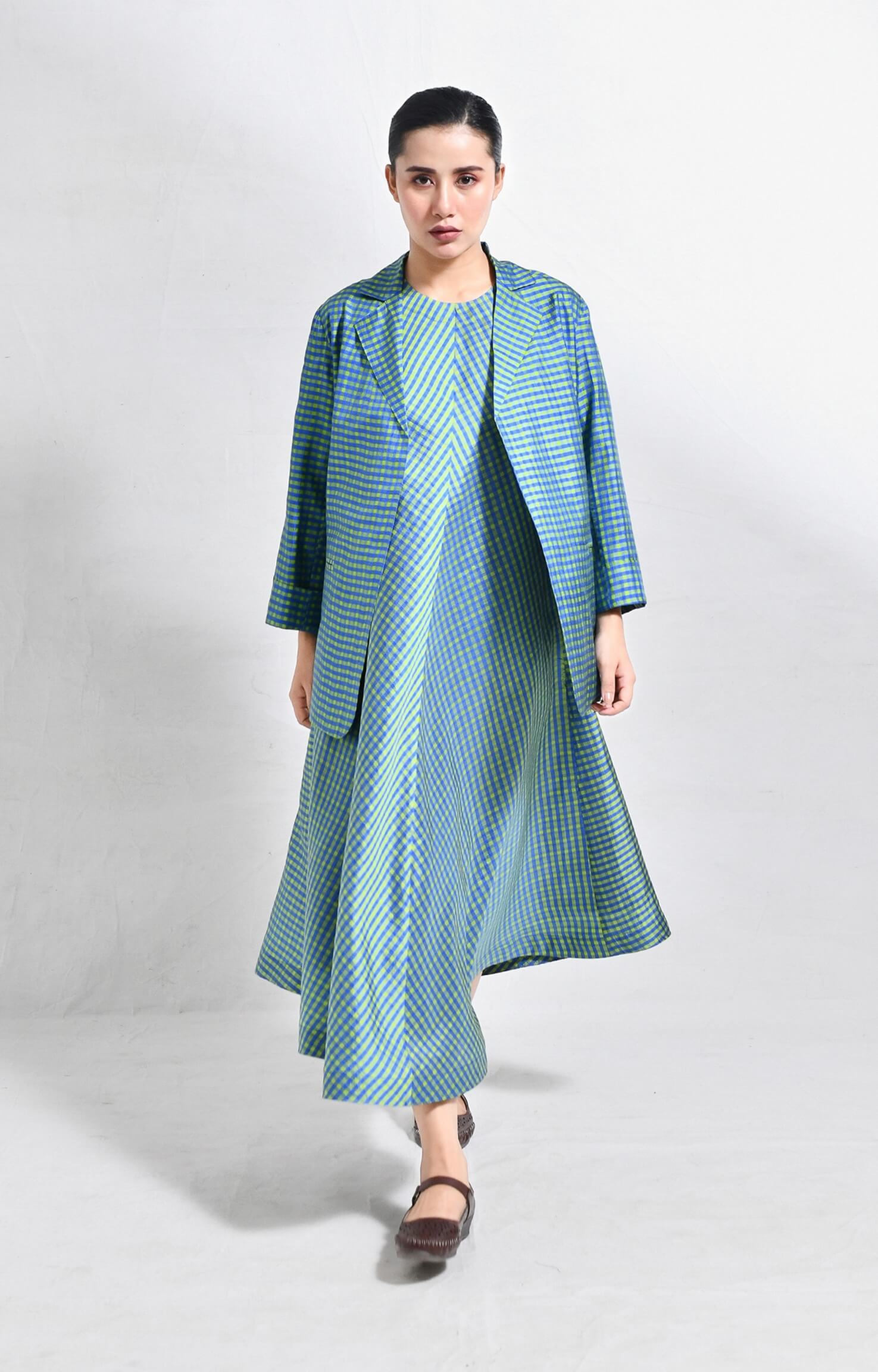 Bangalore silk checks blazer in blue and green with tailored fit