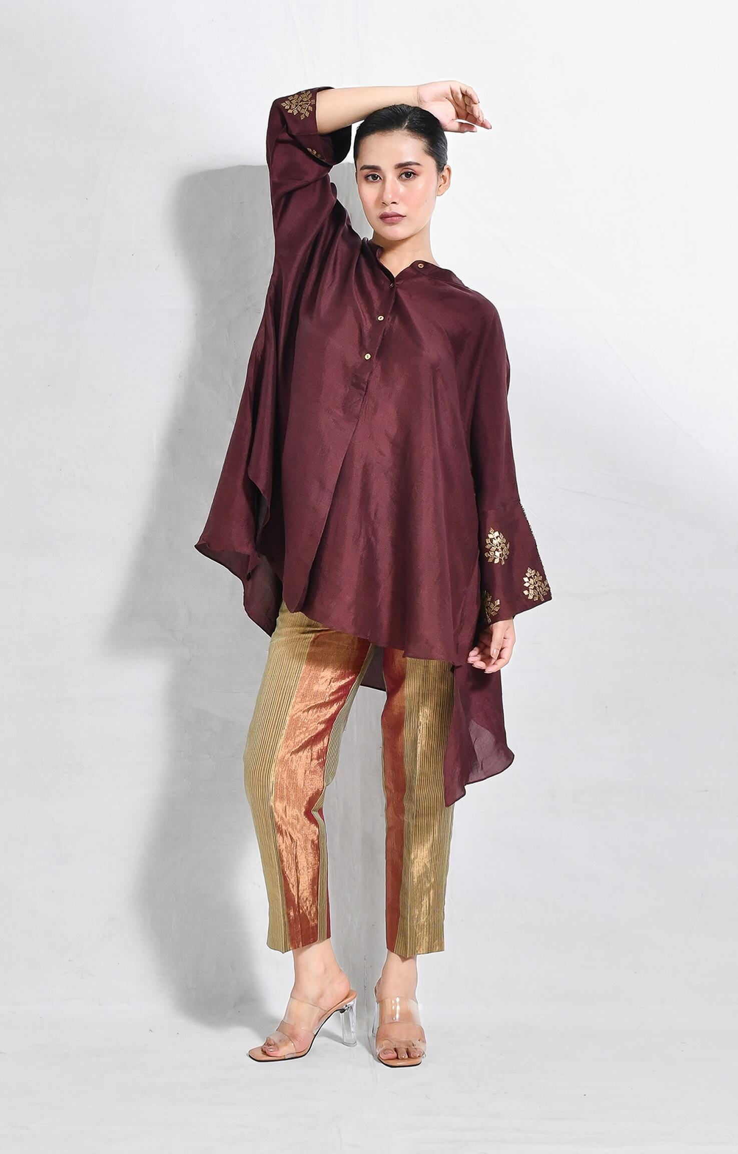Mulberry silk kurta with embroidered cuffs and premium silk texture