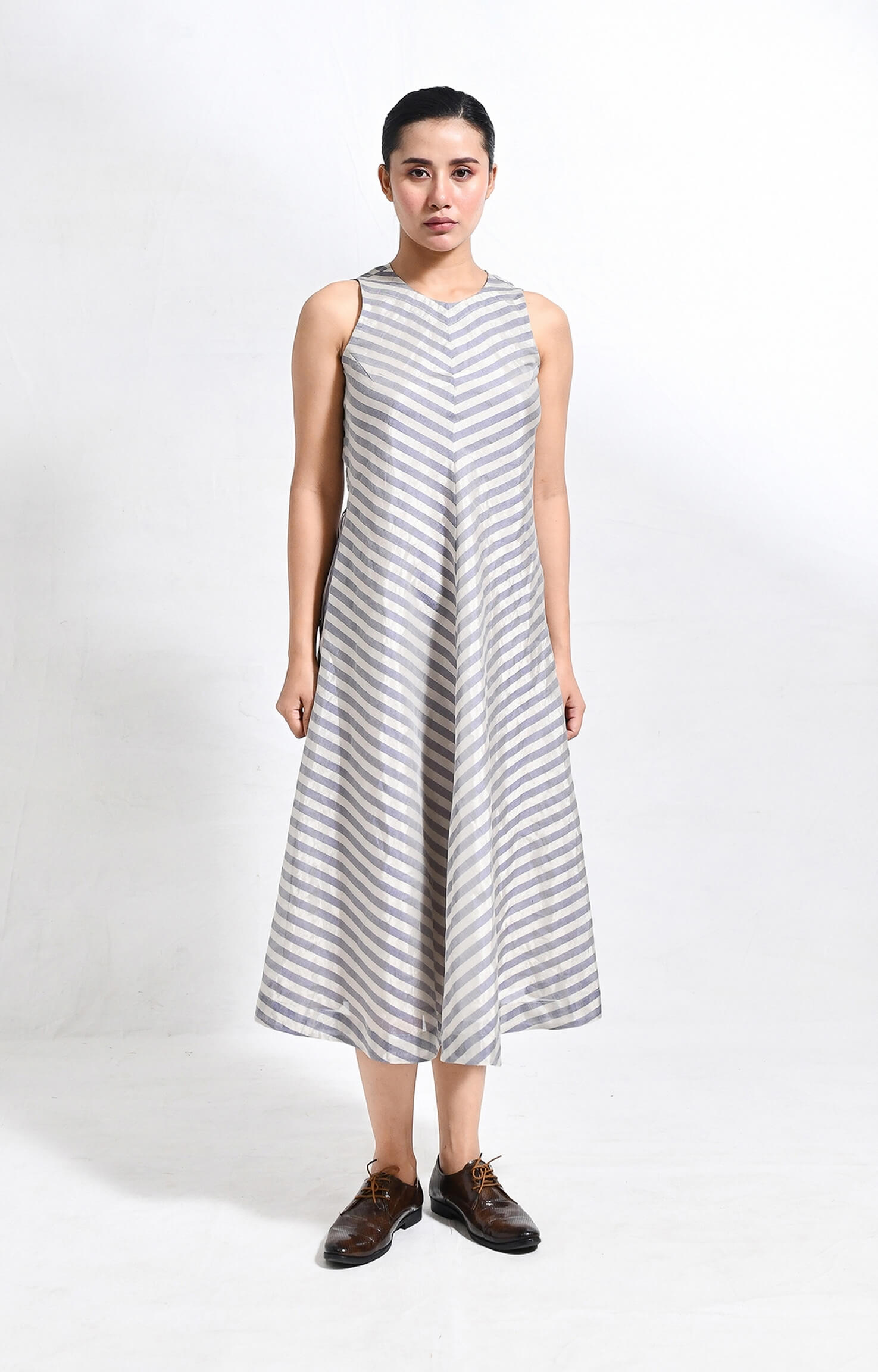 Silver blue pinstriped tissue sleeveless A-line midi dress