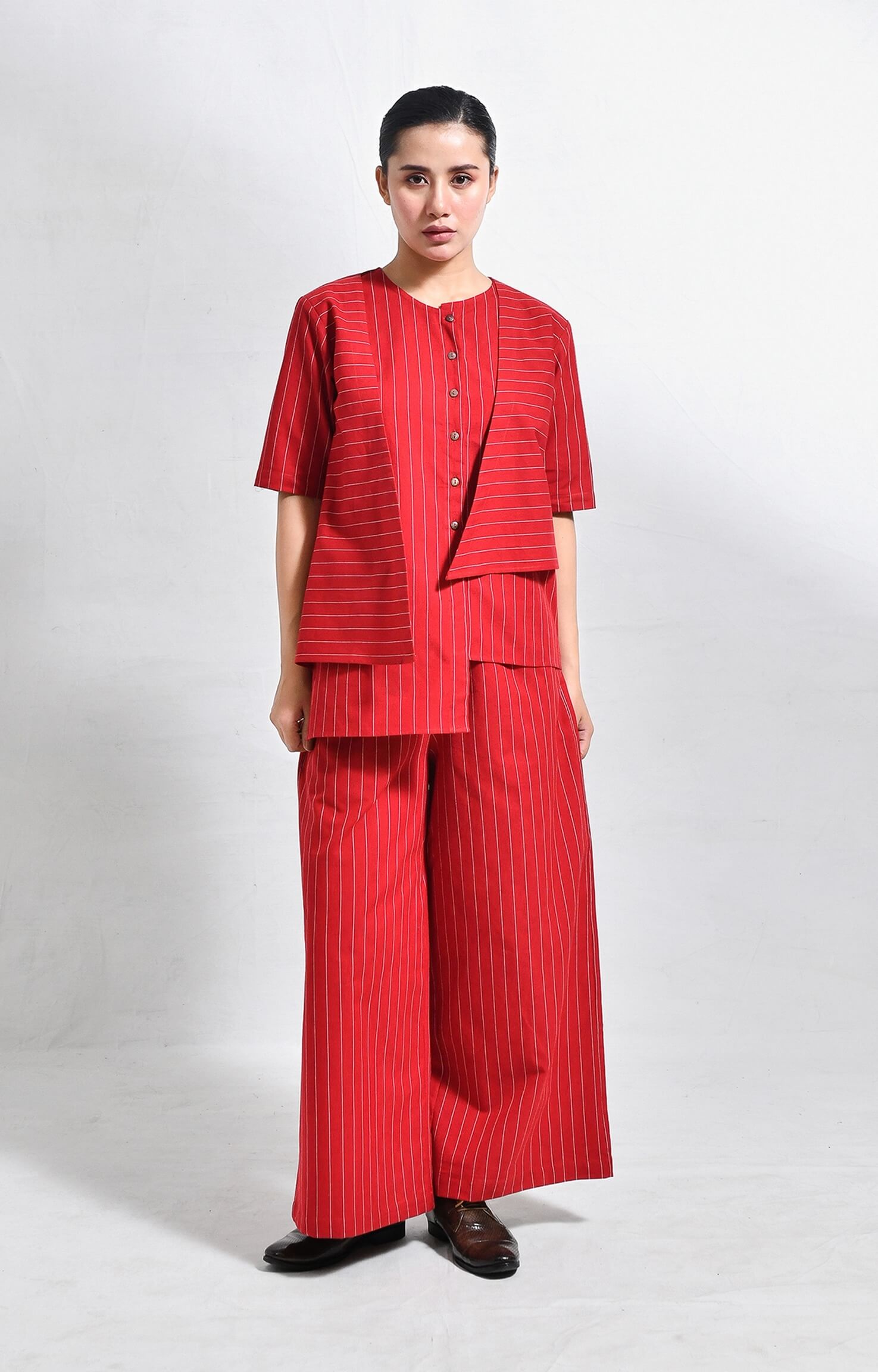 Red pinstriped handloom cotton asymmetrical co-ord set with wide-leg pants