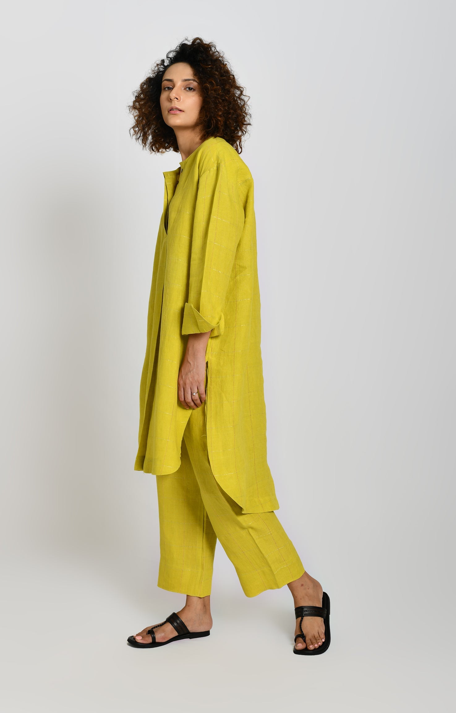 Linen Zari Checks Tunic- Olive