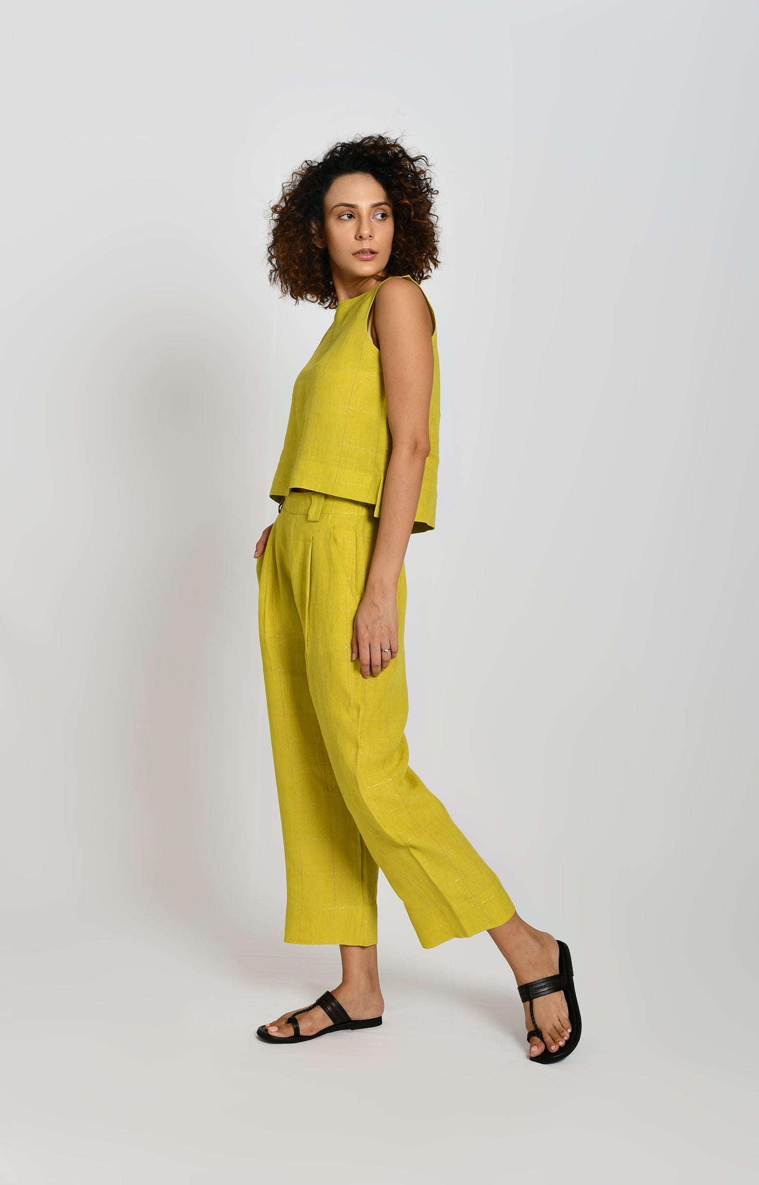 Olive linen zari check crop top - handwoven women's wear
