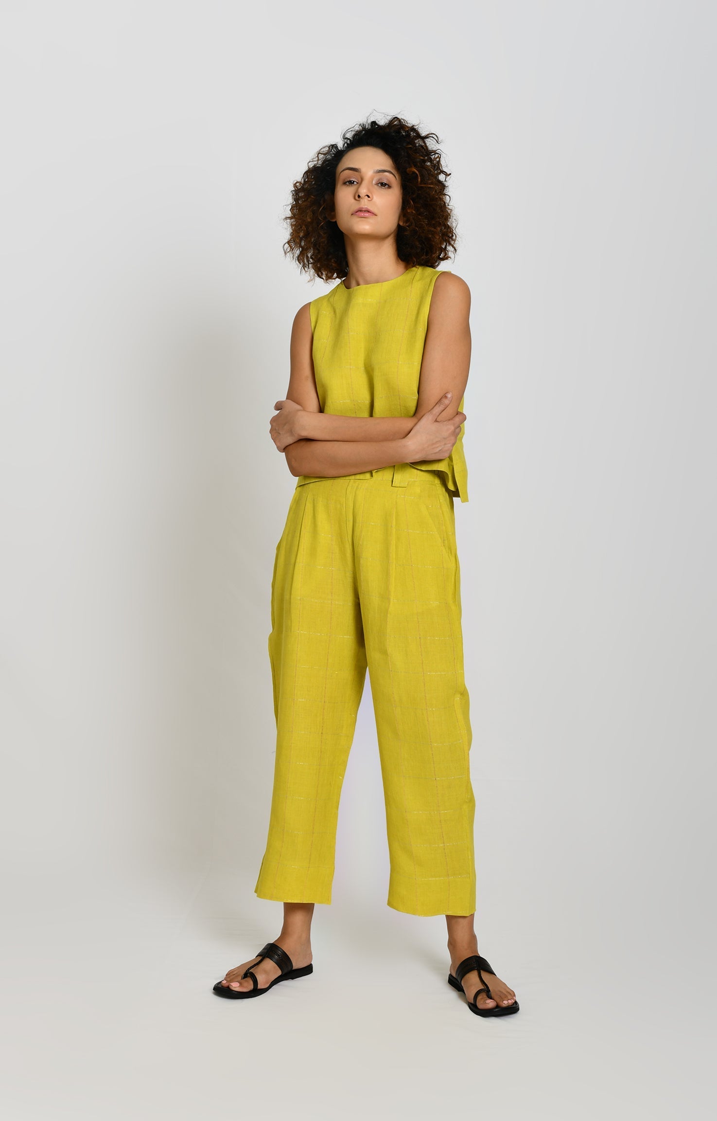 Linen Zari Checks Pants- Olive