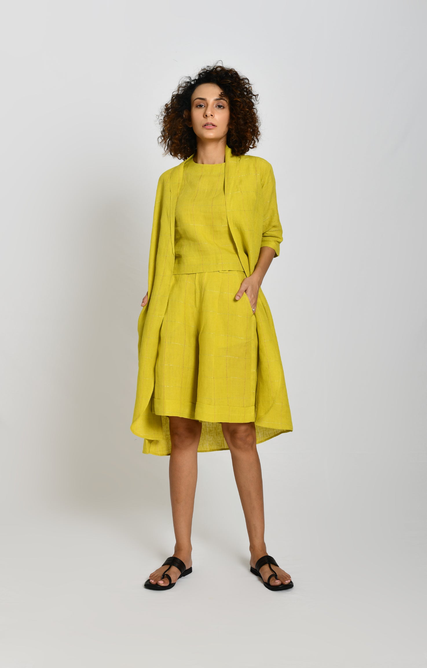 Olive linen bermuda co-ord set with summer jacket