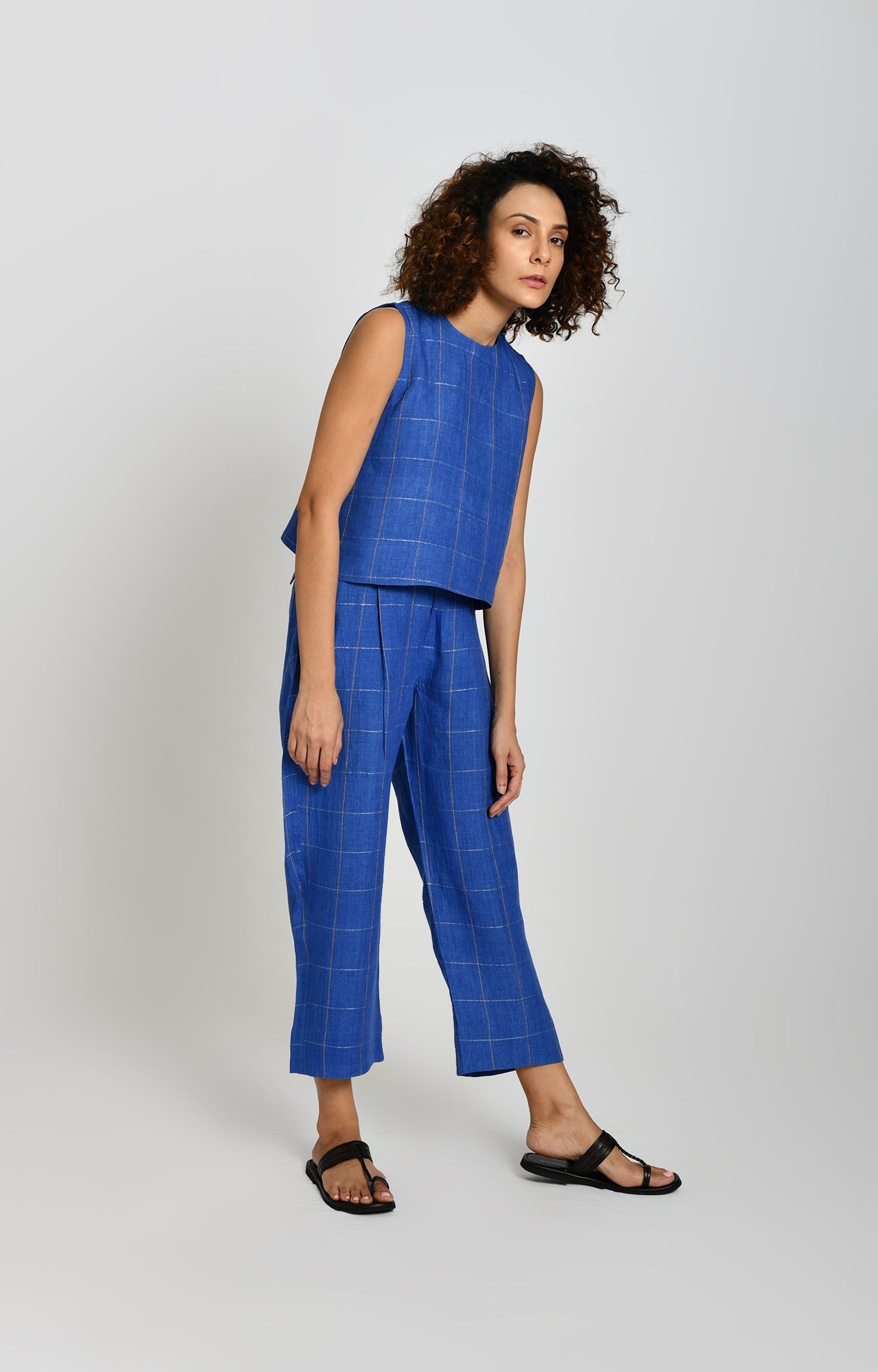 Linen Zari Checks Pant- Cobalt Blue