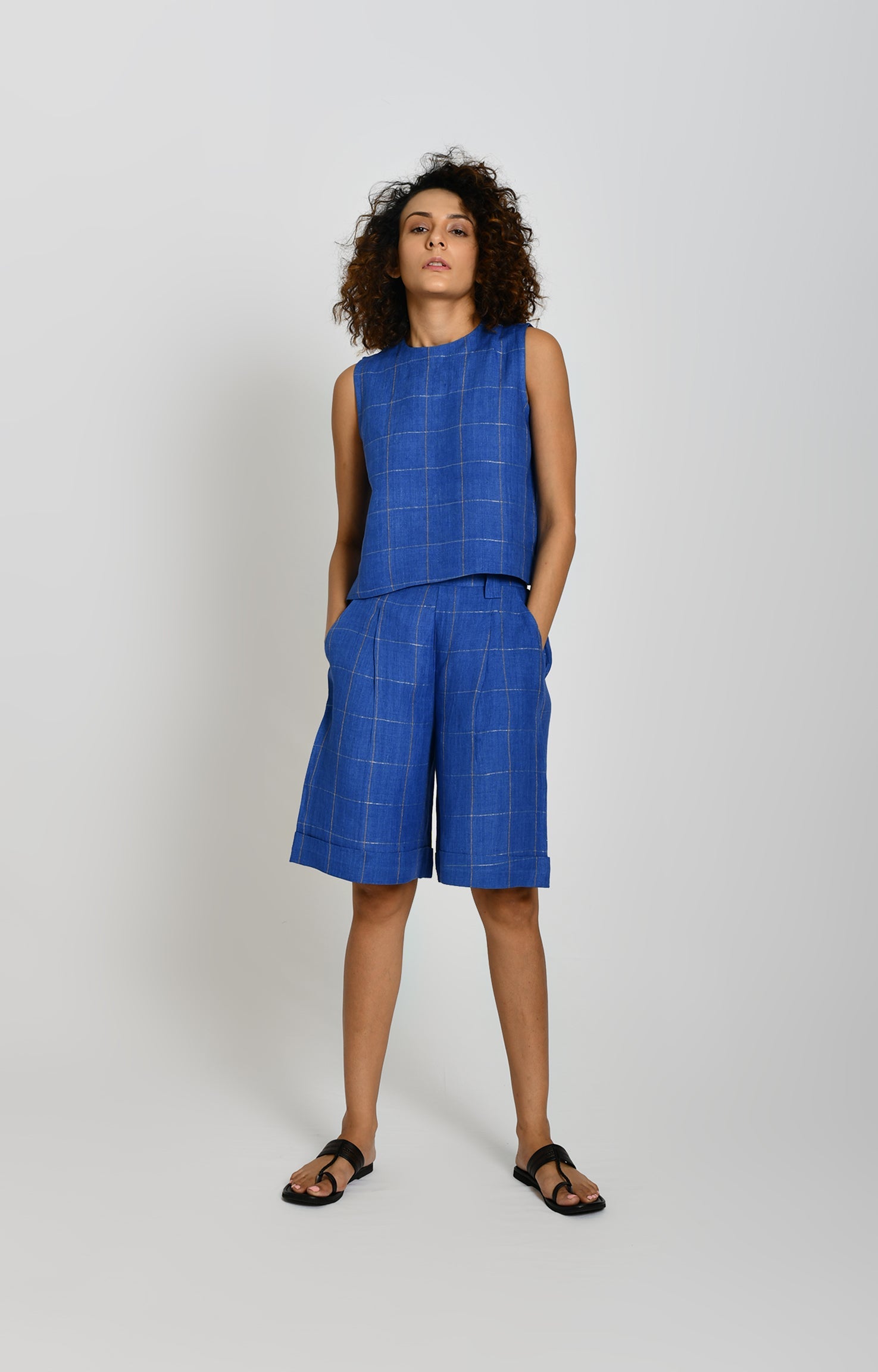 Cobalt blue linen crop top with zari check pattern