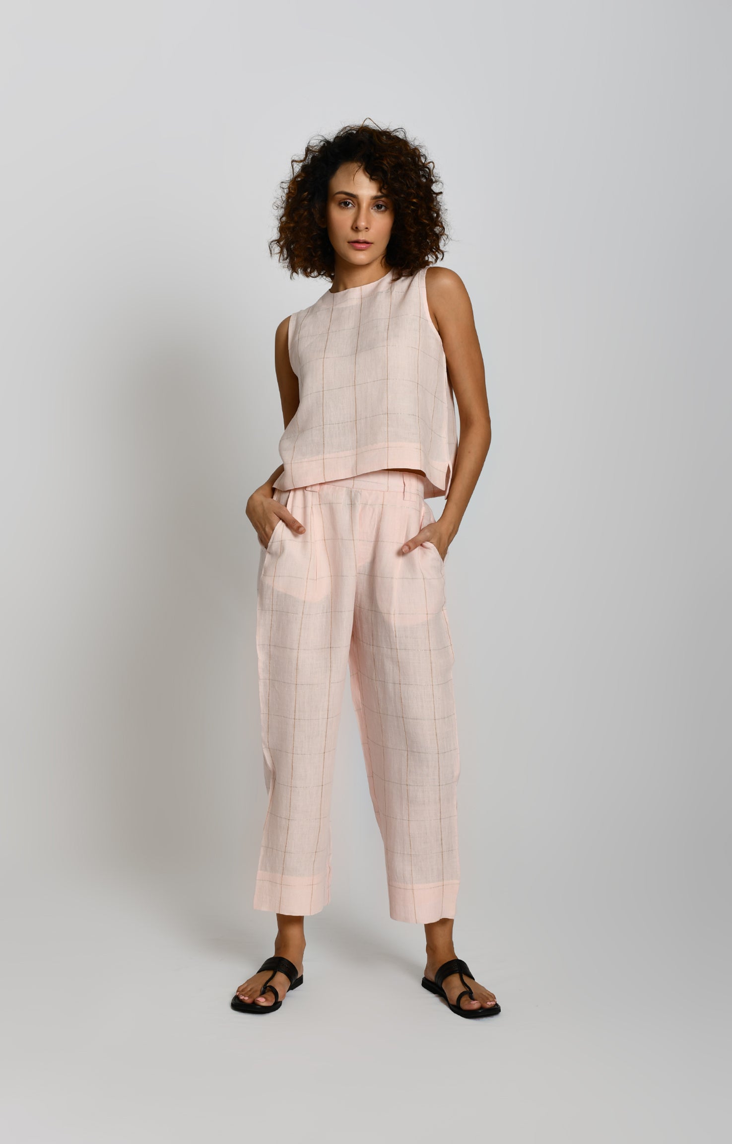 Linen Zari Checks Crop Top- Pink