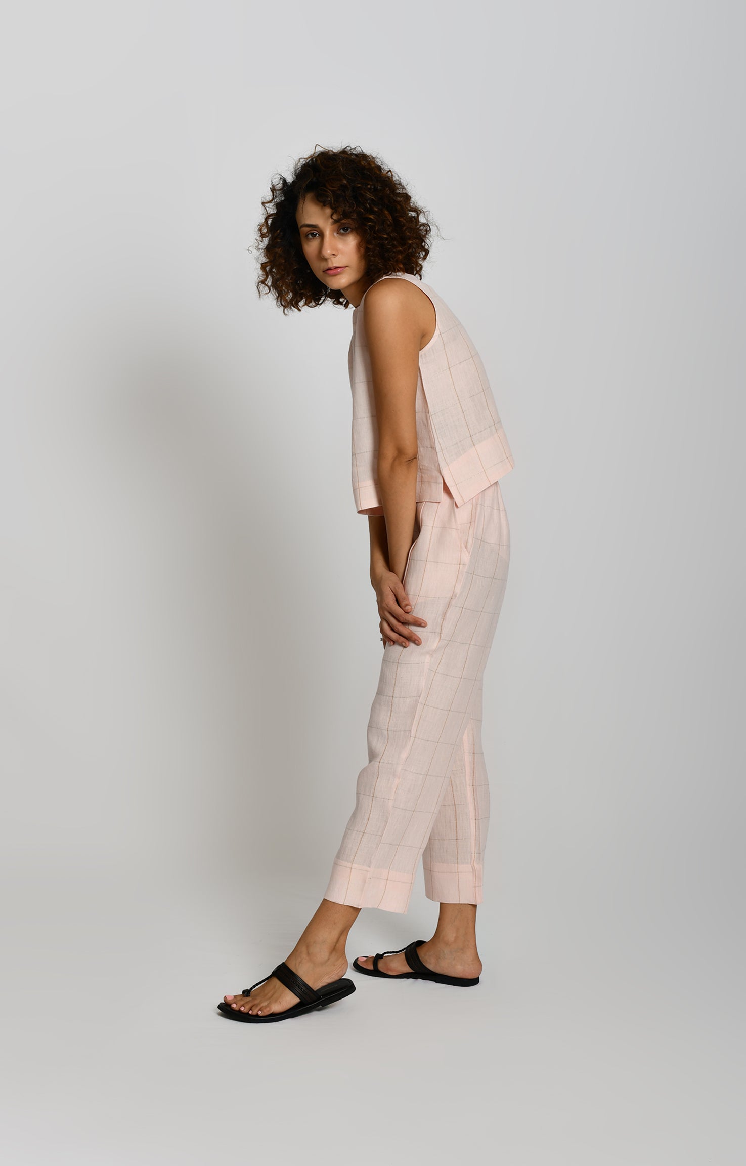 Linen Zari Checks Pant- Pink