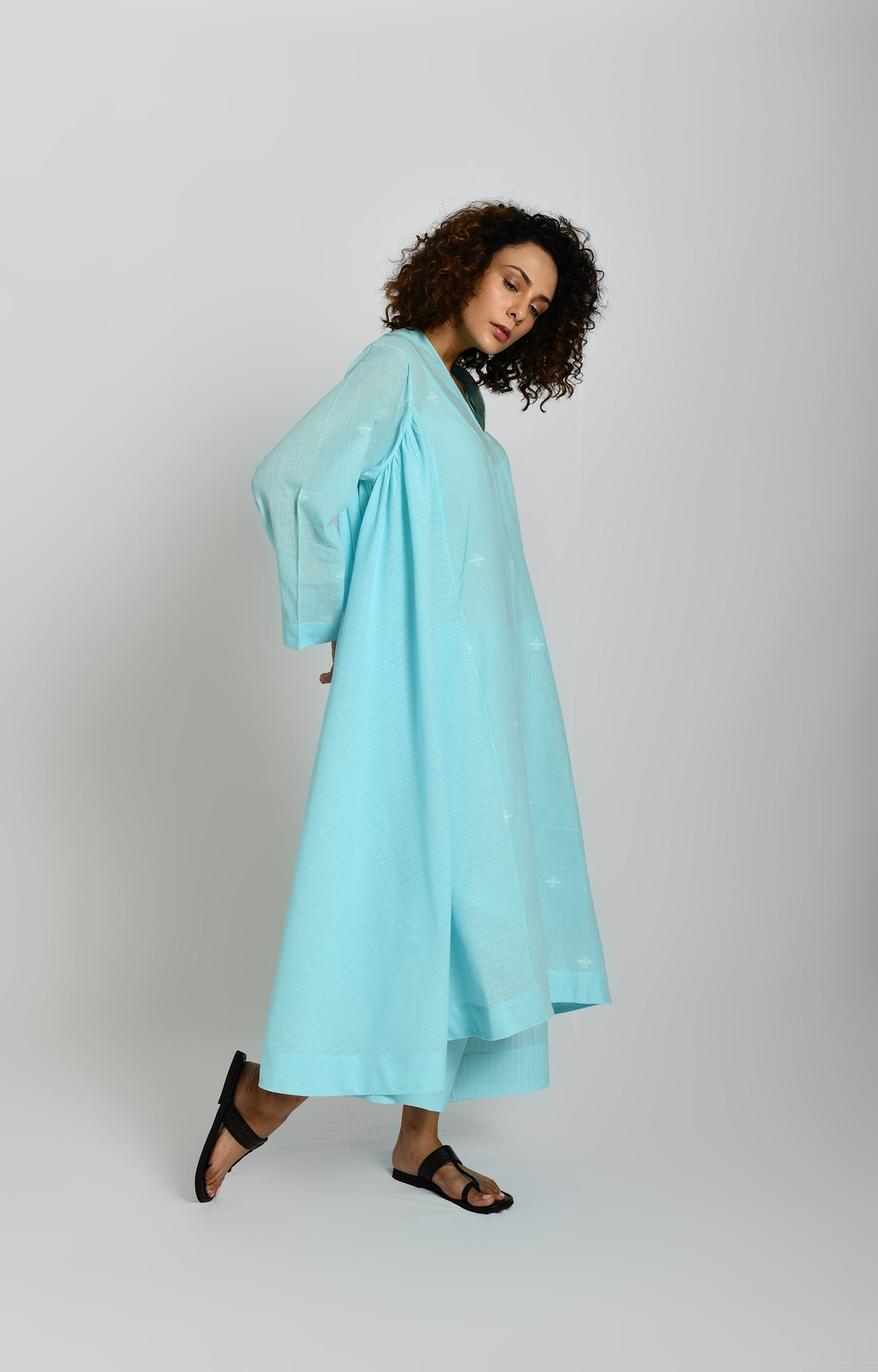 Jamdani Side-gather Kurta- Light Blue