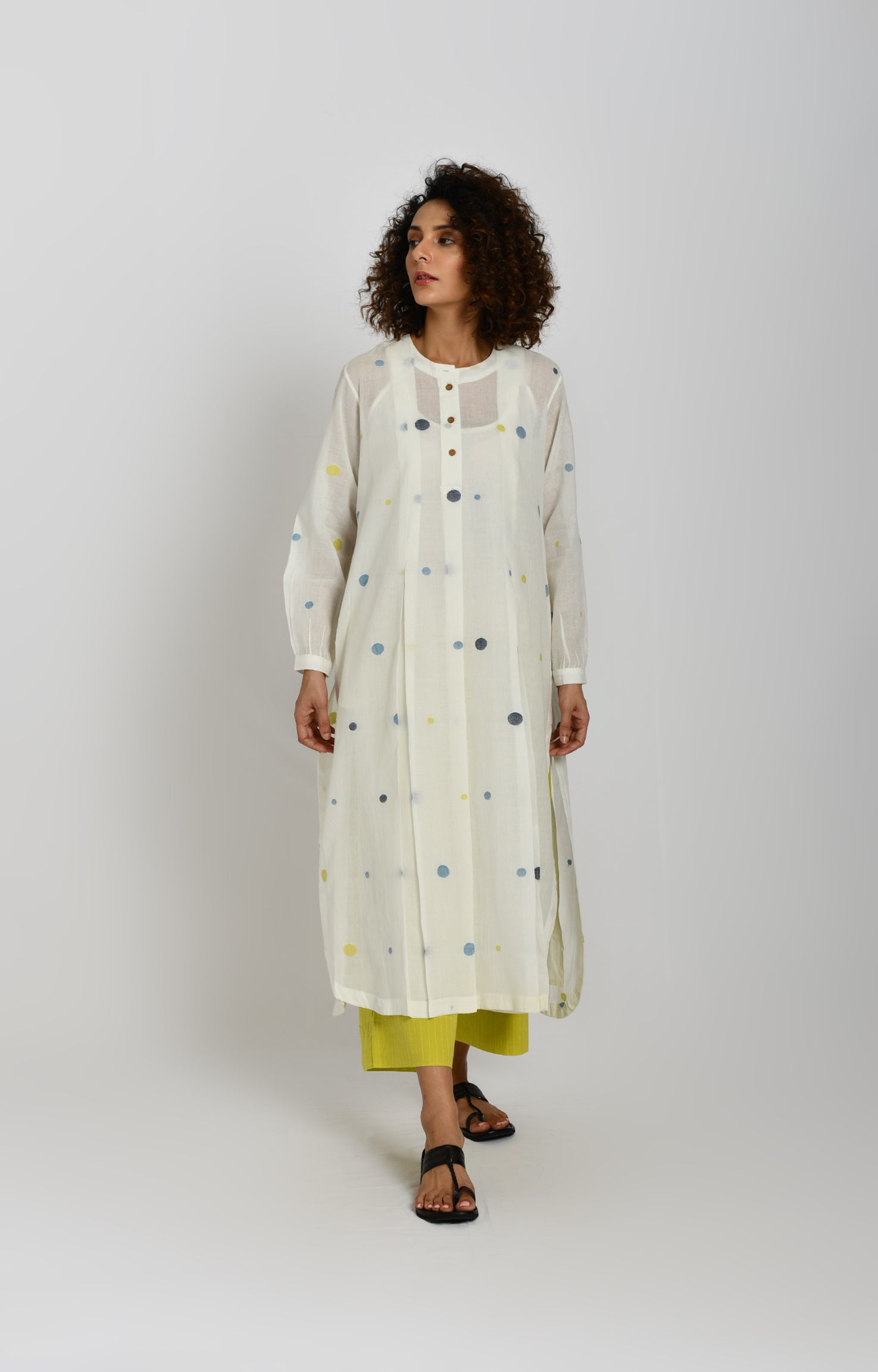 White polka jamdani tunic – handwoven cotton kurta for women - Hiranya