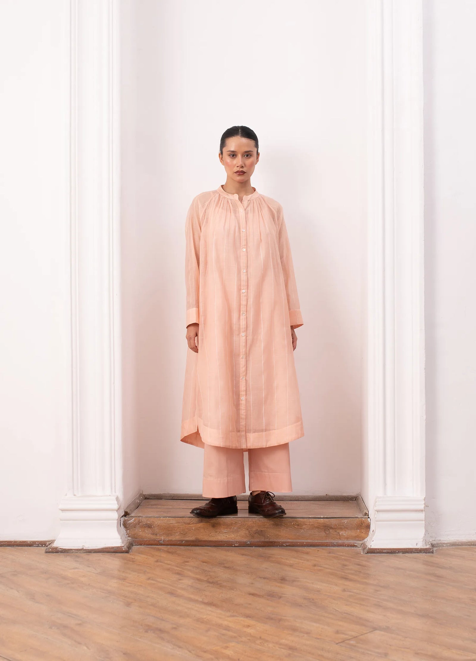 Peach co-ord set with gathered kurta and straight fit trousers- Hiranya
