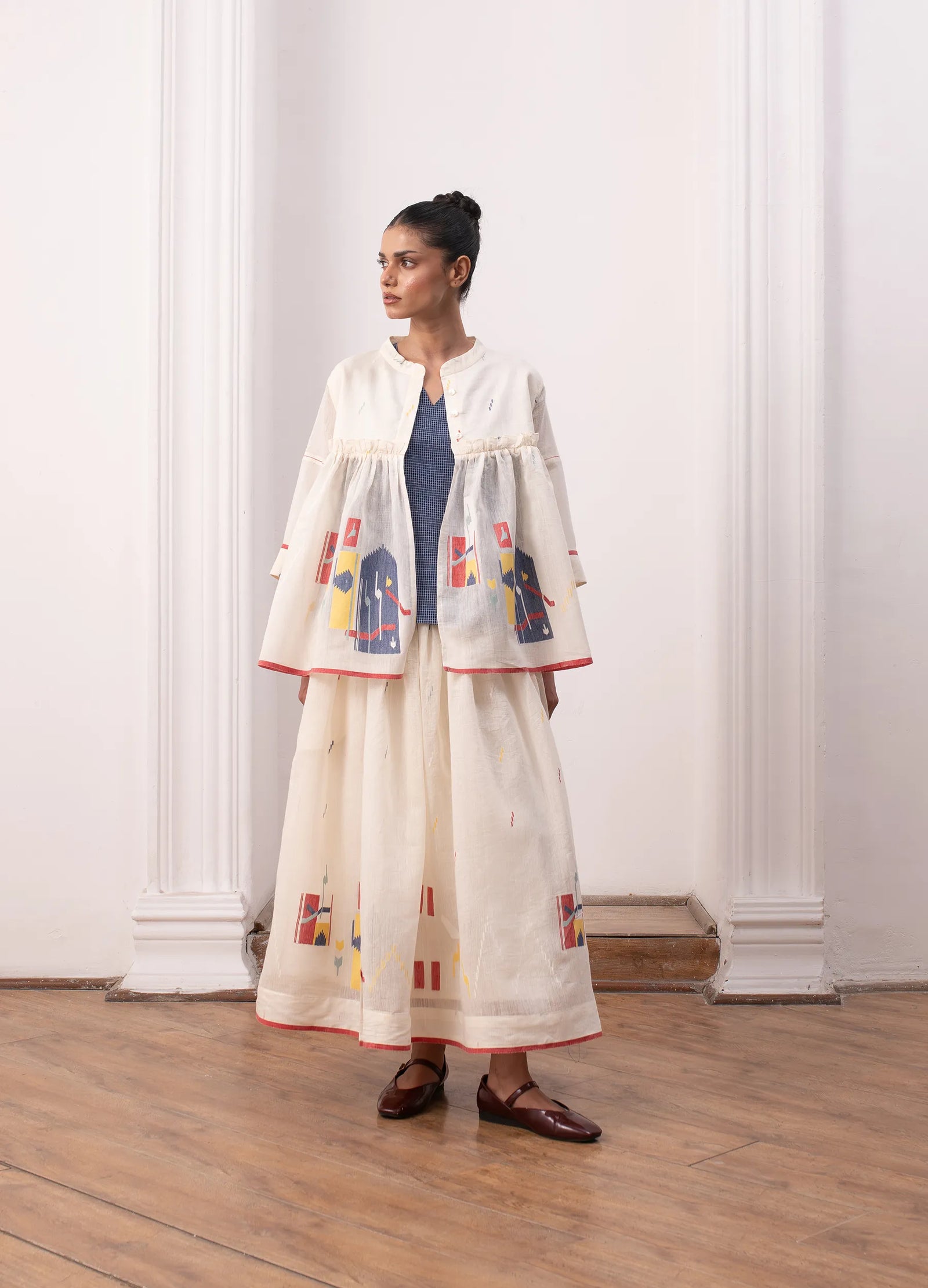 Ivory layered set with soft overlay and skirt - Hiranya