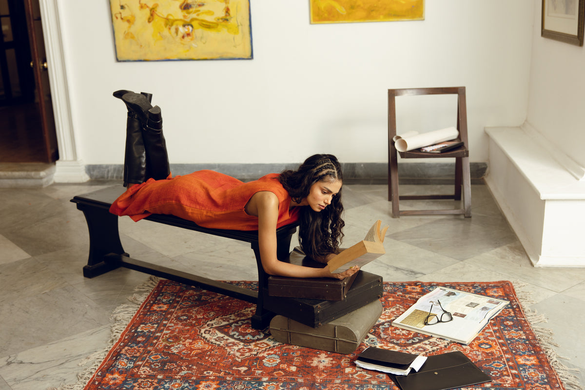 Orange sheath dress for women with a clean, elegant silhouette - Hiranya