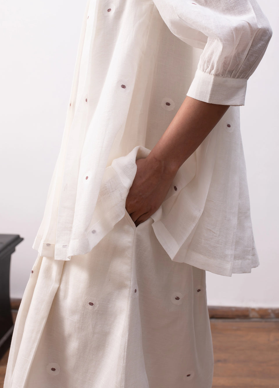 Soft white co-ord with relaxed pleated top and  flowy skirt - Hiranya