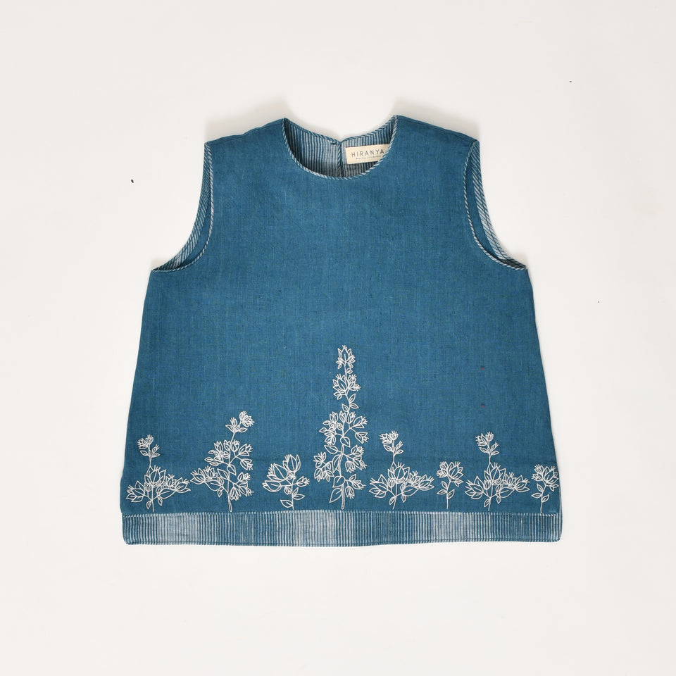 French blue linen pleated jacket & crop top co-ord set - Hiranya