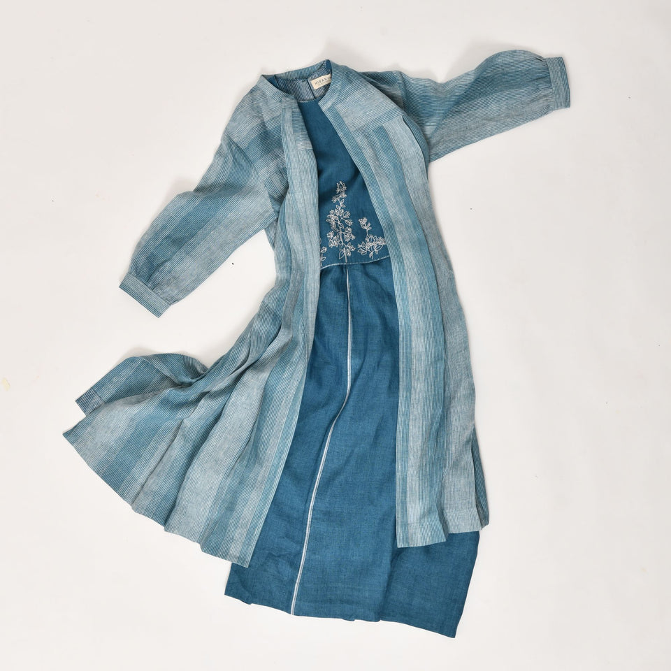 French blue linen pleated jacket & crop top co-ord set - Hiranya