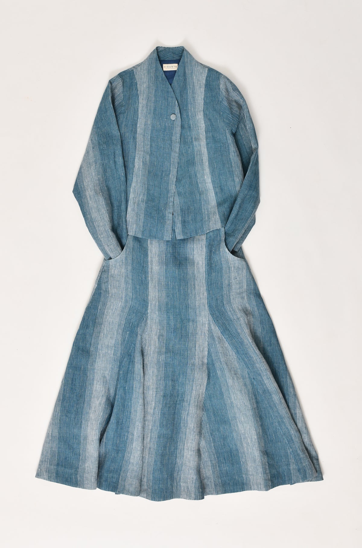 French blue linen crop jacket & panel flared skirt set - Hiranya