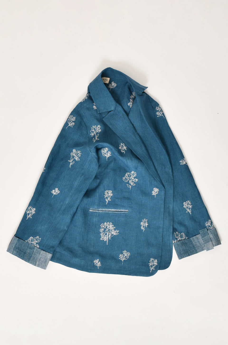 French blue co-ord set with chanderi silk dress and embroidered linen blazer for women - Hiranya
