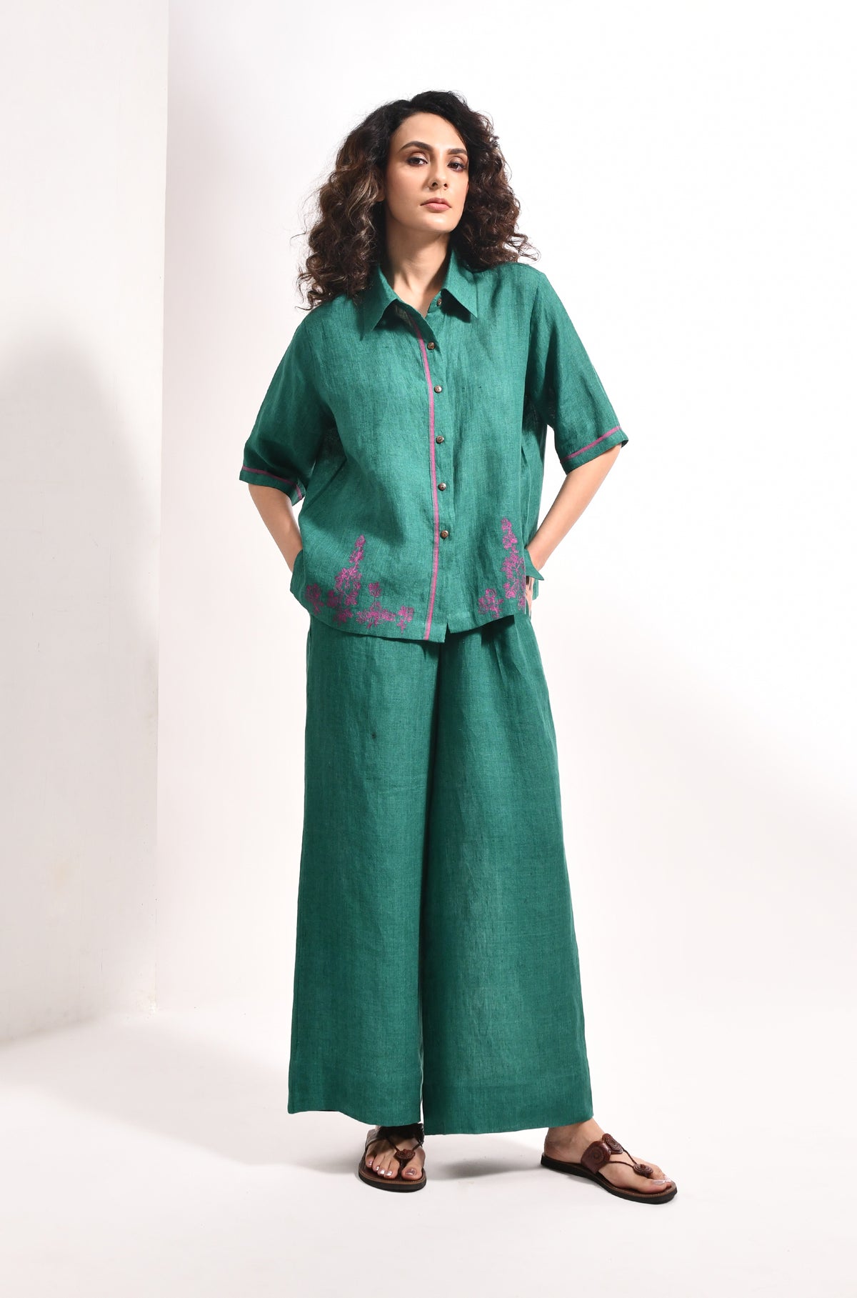 Forest green linen shirt with Flared trousers bougainvillea embroidery - Hiranya